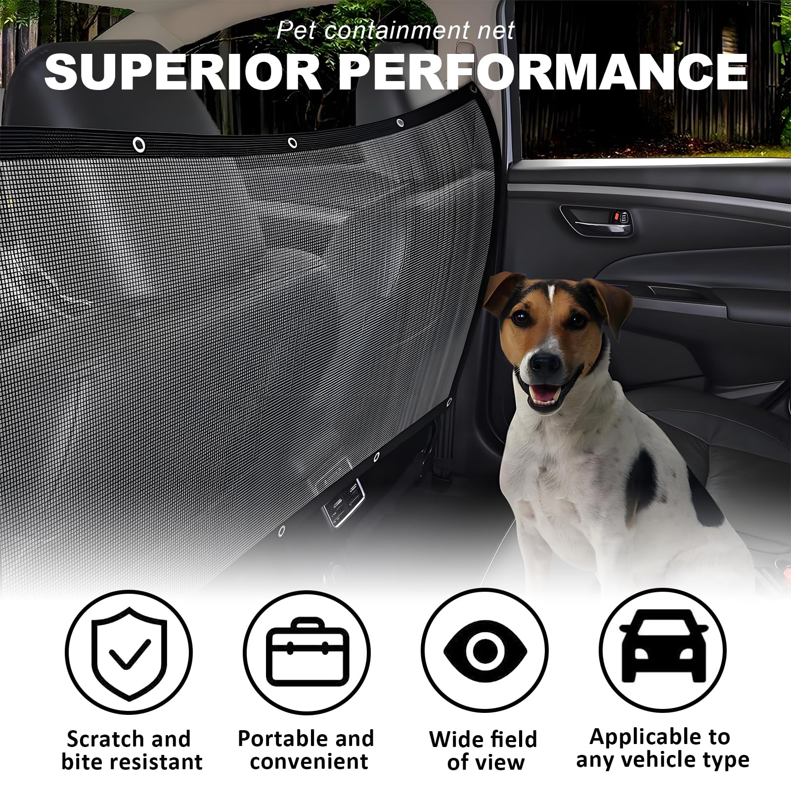 VBGURR Black Dog Guard for Car Boot Adjustable Dog Guards for Cars Car Dog Barrier Net with Rope and Hooks Back Seat Barrier Auto Protection Car Accessories Interior(45x24 Inches) - Image 3