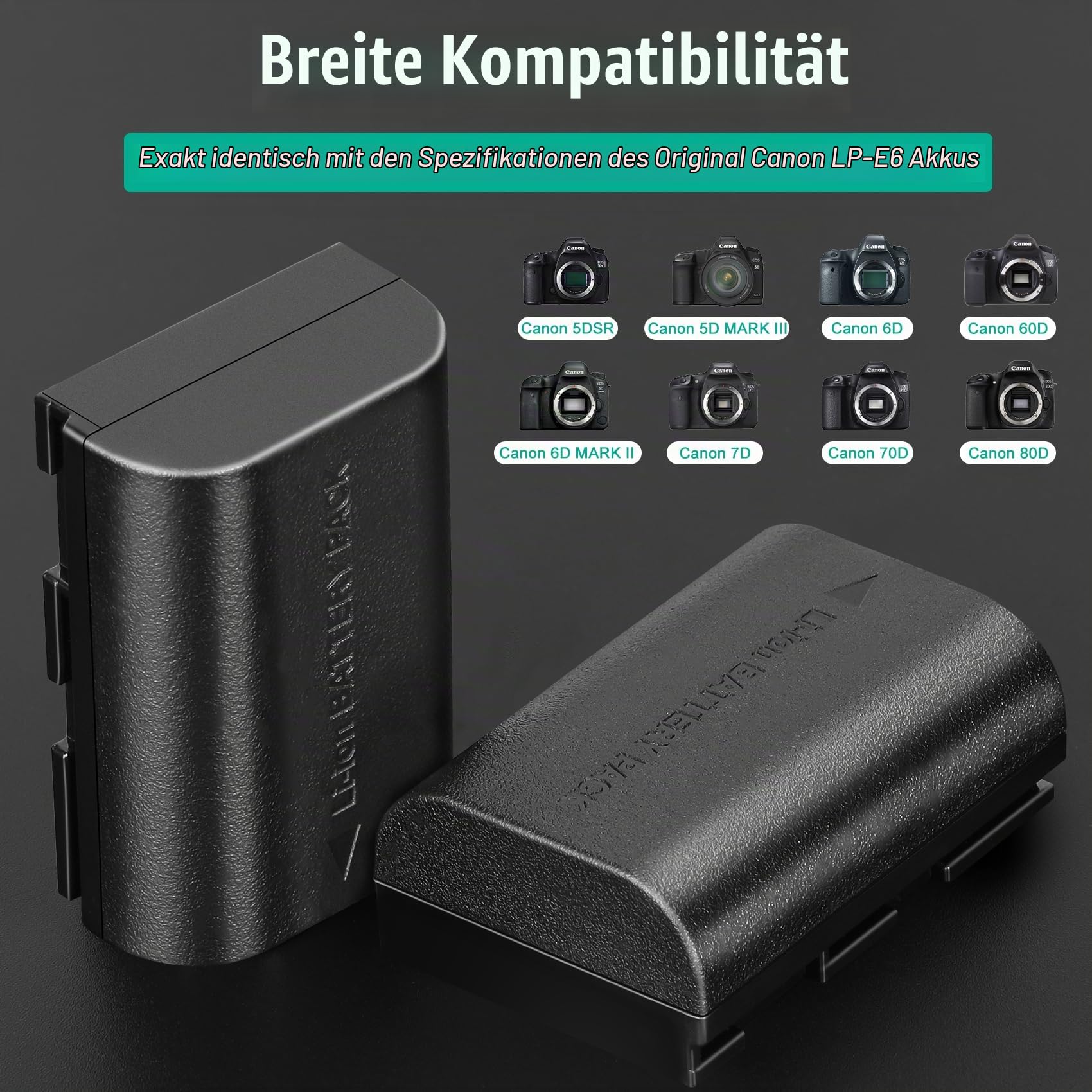 JYJZPB 2 x LP-E6 LP-E6N 2300mAh Ersatzakku und Multifunktions-Ladegerät Kasten für Canon XC10 XC15 EOS-R RA R6 R5 R7 EOS 60D 70D 80D 90D 5D Mark I Mark II Mark III IV 6D Mark I II 7D Mark I II