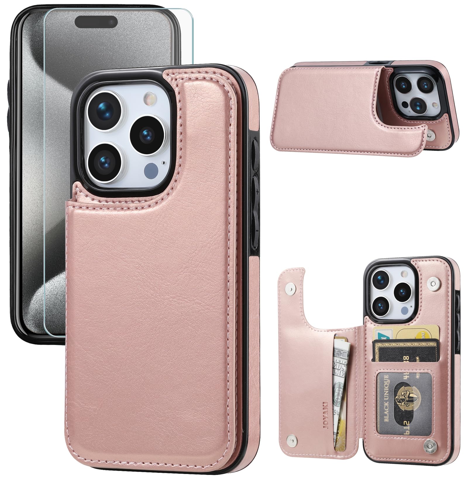 JOYAKI Compatible with iPhone 15 Pro 6.1” Wallet Case +1 Screen Protector, Slim Protective case with Card Holder, PU Leather Kickstand Card Slots
