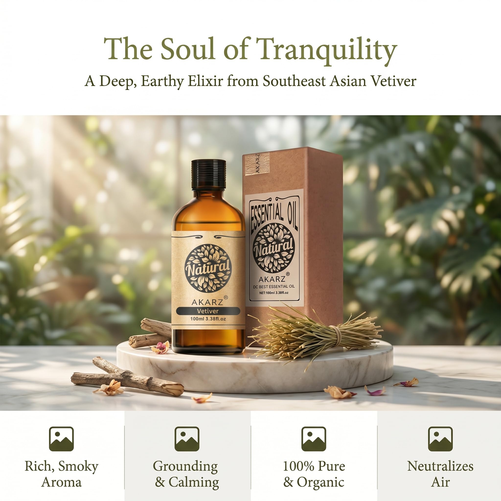 AKARZ 100ml Olejek esencjny z Wetywera - Naturalny olejek aromatyczny do dyfuzorów, lamp aromatycznych i aromatów pomieszczeń