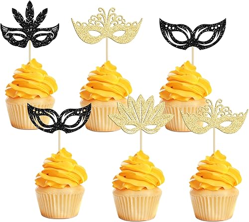 24 máscaras de mascarada para cupcakes con purpurina dorada, para mascarada, Mardi Gras, fiesta de baby shower, cumpleaños, boda, decoración de