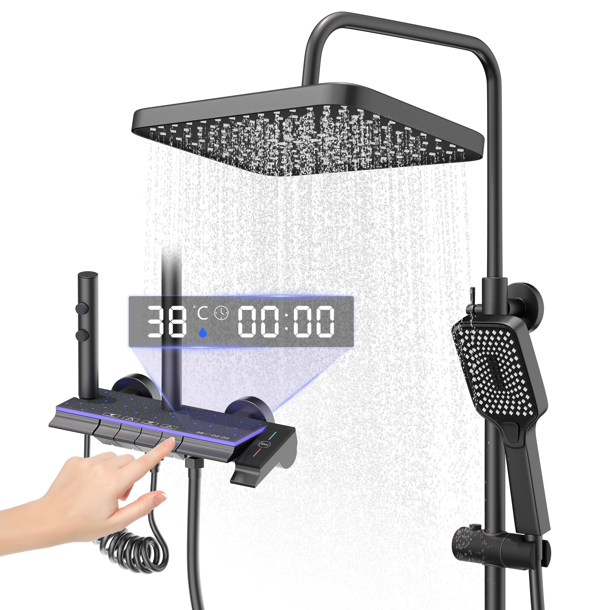 STANEW Columna Ducha de Titanio Negro Con Cabezal Cuadrado,Pantalla LED,Columna de Ducha 4 Modos,Ducha de Mano con 3 Modos,Altura ajustable 70-110CM (Negro(Estrellas brillantes))