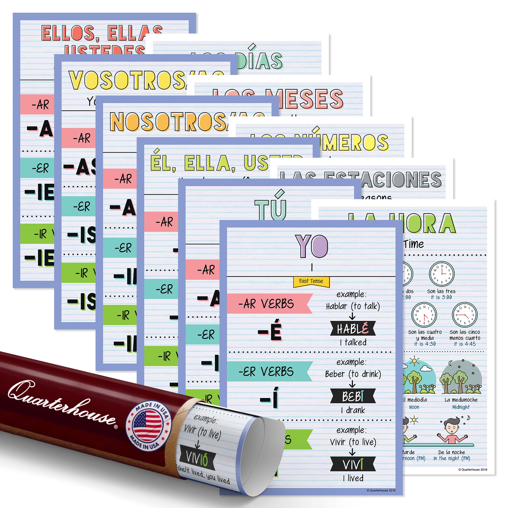 Quarterhouse 11 Poster Spanish Verbs and Beginner Vocabulary (Set B) Set, Spanish Classroom Learning Materials for Pre-K and K-12 Students and Teachers, 12 x 18 Inches, Made in USA