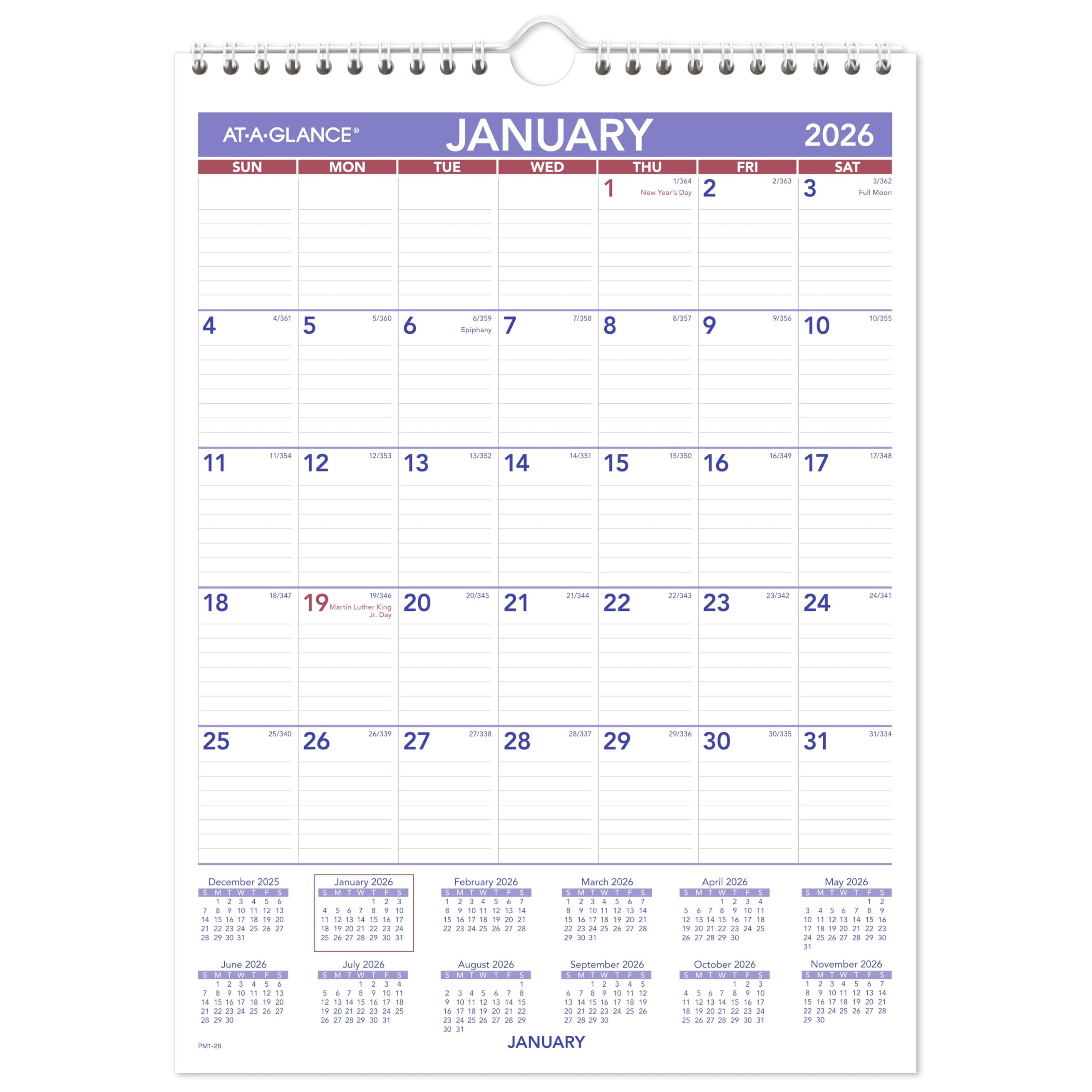 AT-A-GLANCE 2026 Wall Calendar, 8" x 11", Small, Ruled Blocks (PM12826)