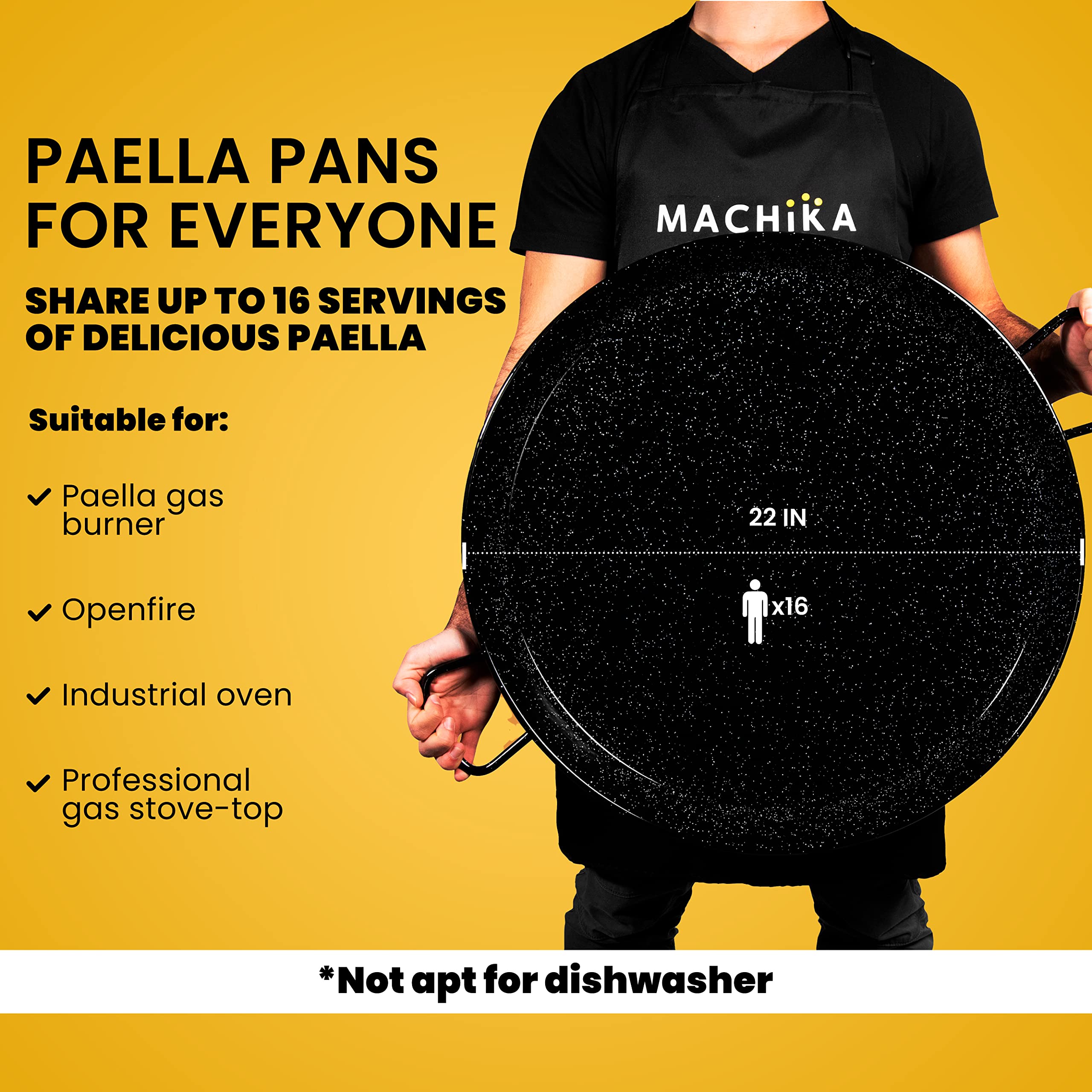 Machika Paellera esmaltada | Paellera | Sartén para recetas de paella y arroz | Perfecto para interiores y exteriores | Fácil limpieza | Revestimiento a prueba de óxido | 16 porciones | 22 pulgadas |