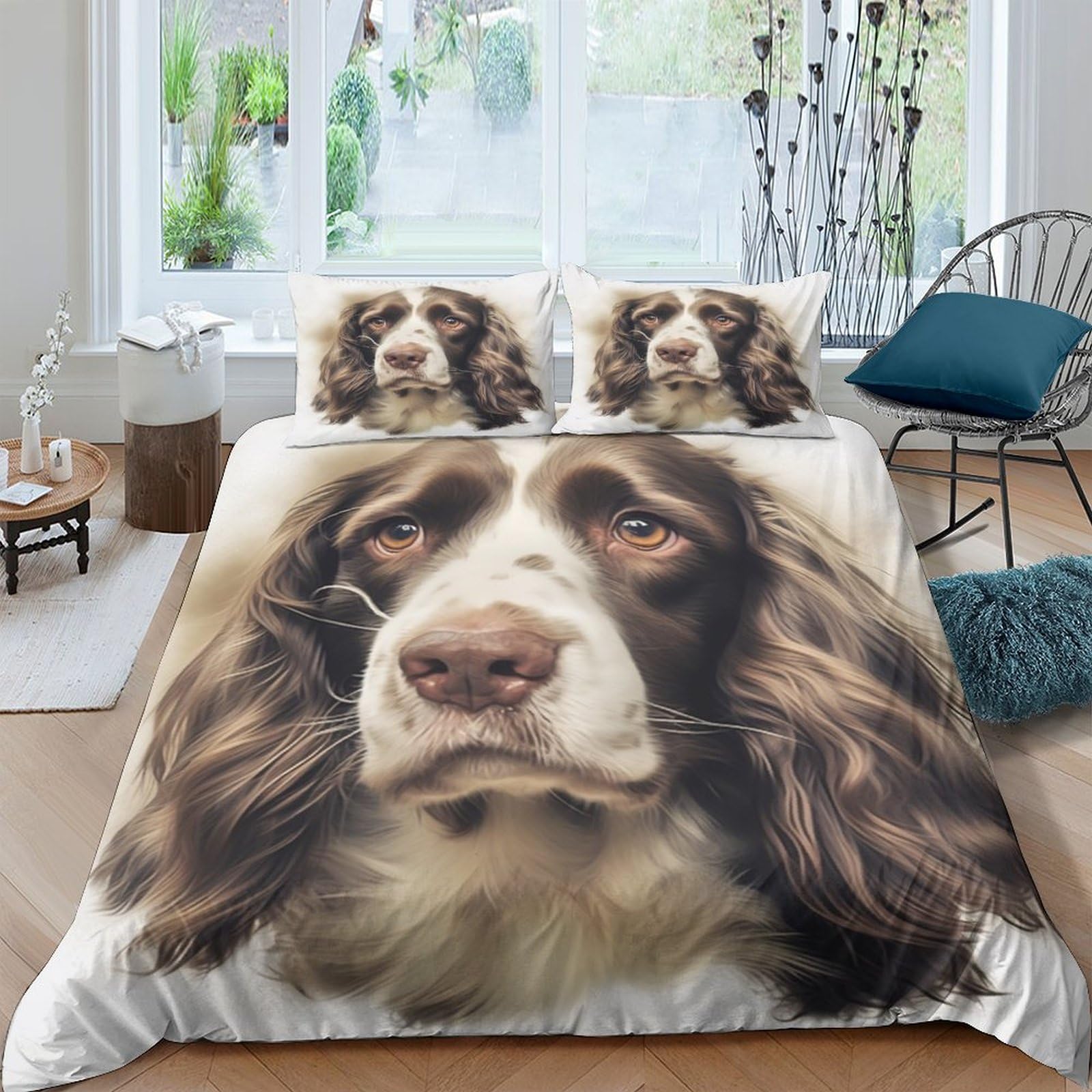 Cenmoo Springer Spaniel Duvet Cover Sets 3D Printed Cute Dog Quilt Cover Set 3 Pieces Bedspread Bedroom Bedding Double Bed Set Double（200X200cm）