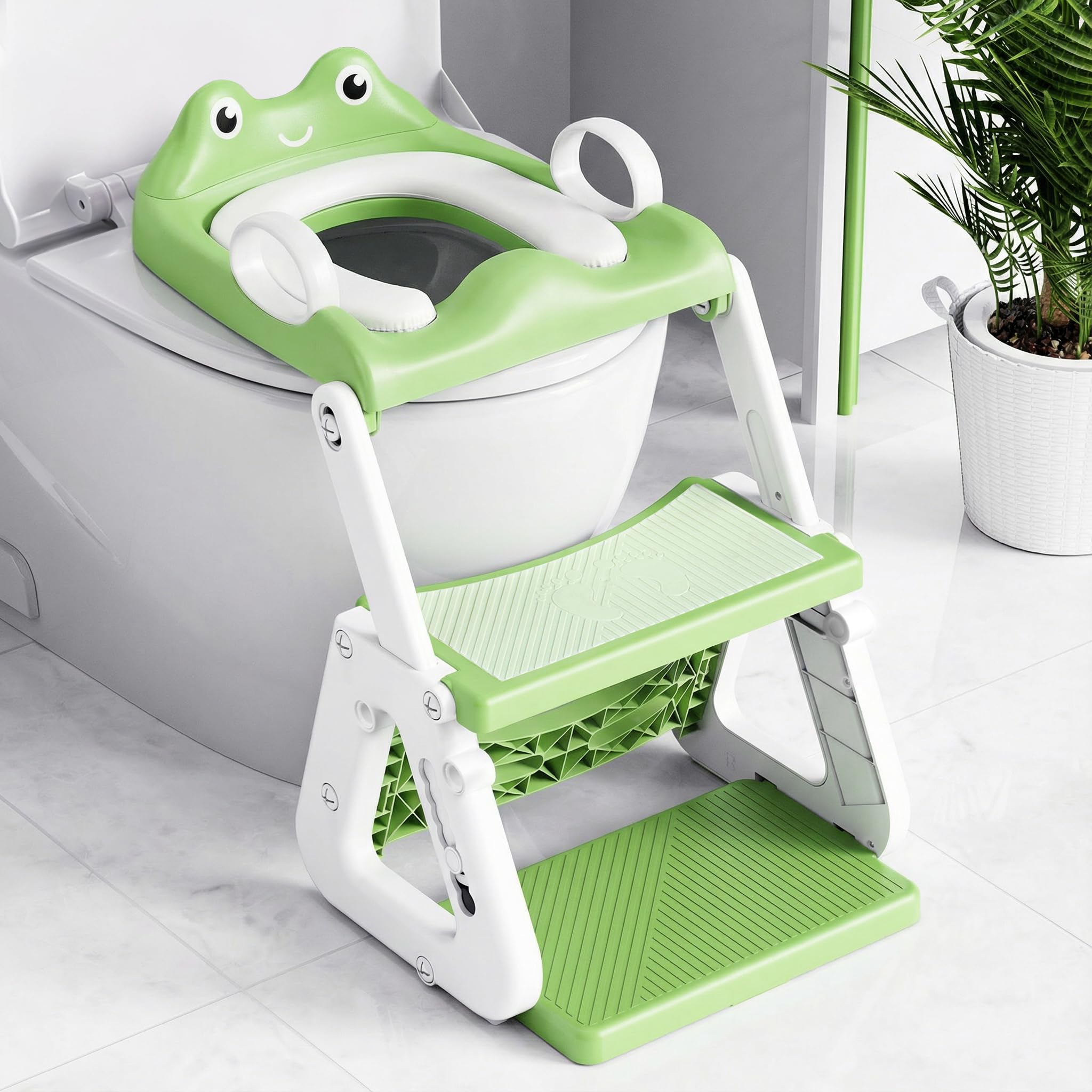 Riduttore Wc Bambini - Upgraded Riduttore Wc 2 in 1 - Struttura a Triangolo | Pedale Allargato | Paraspruzzi Estesi | Cuscino Morbido | Manico Allargato - Antiscivolo Pieghevole Leggero - Verde Rana