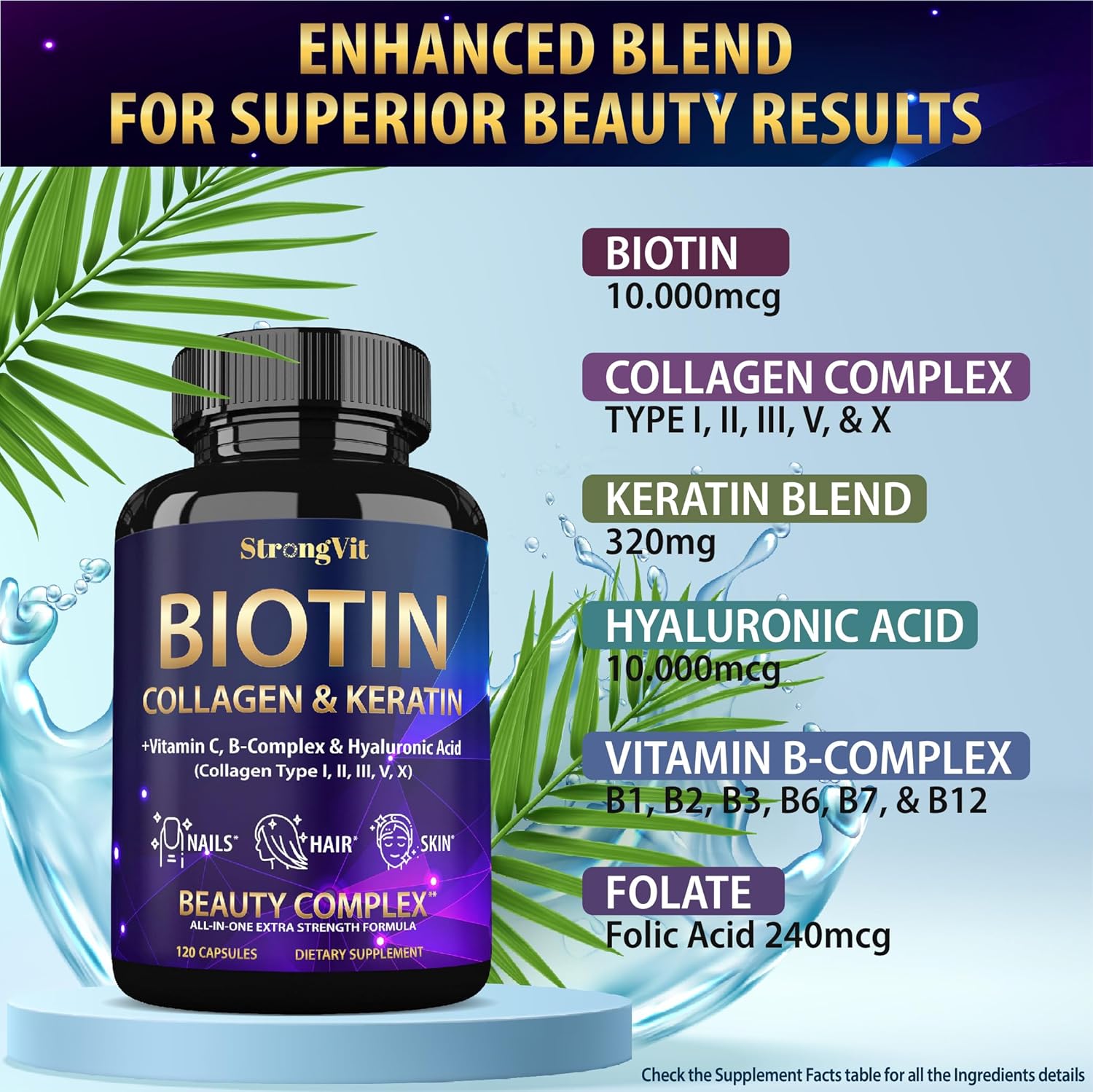 StrongVit Biotin with Hyaluronic Acid, Keratin and Collagen Supplements - 10000mcg for Hair Growth Women and Men - Hair Skin and Nails Vitamins - 120 Capsules