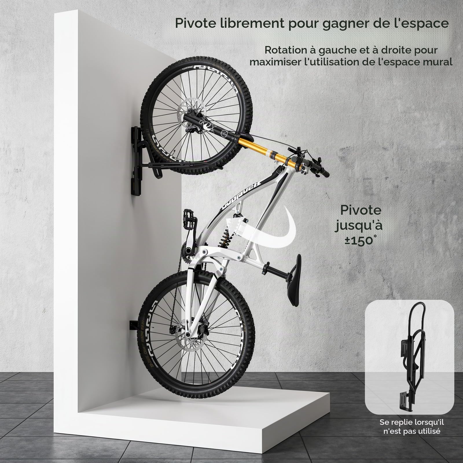 Housolution Support Mural Pivotant pour Vélo,Porte-vélo sans Levage, 1Pcs | pour Roues jusqu'à 29",Crochets de Vélo pour Garage,Porte-vélo Économiseur d'Espace,pour Pneus d'un Diamètre de 3,14" Max