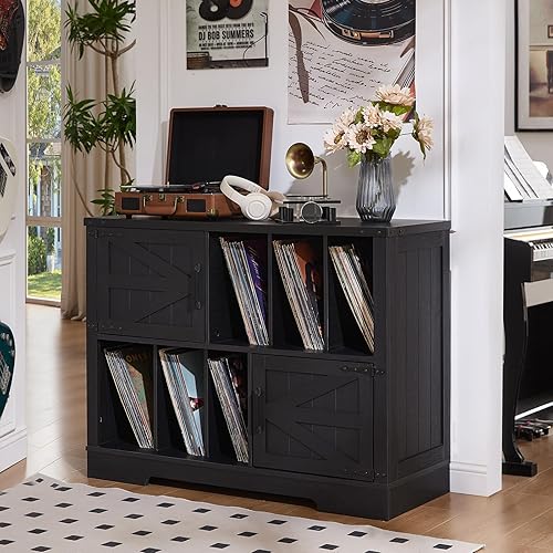 Miniatura 9 de Soporte grande para tocadiscos con almacenamiento de vinilo de hasta 450 álbumes, gabinete de almacenamiento de discos de vinilo negro de madera de