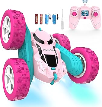Pink Remote Control Car for Girls, 360° Flipping Stunt Car with LED Headlights, Rechargeable 4WD Electric Toy Vehicle, Princess Gift for 6 7 8 9 10 11 Year Old Girls, Birthday & Christmas Toy