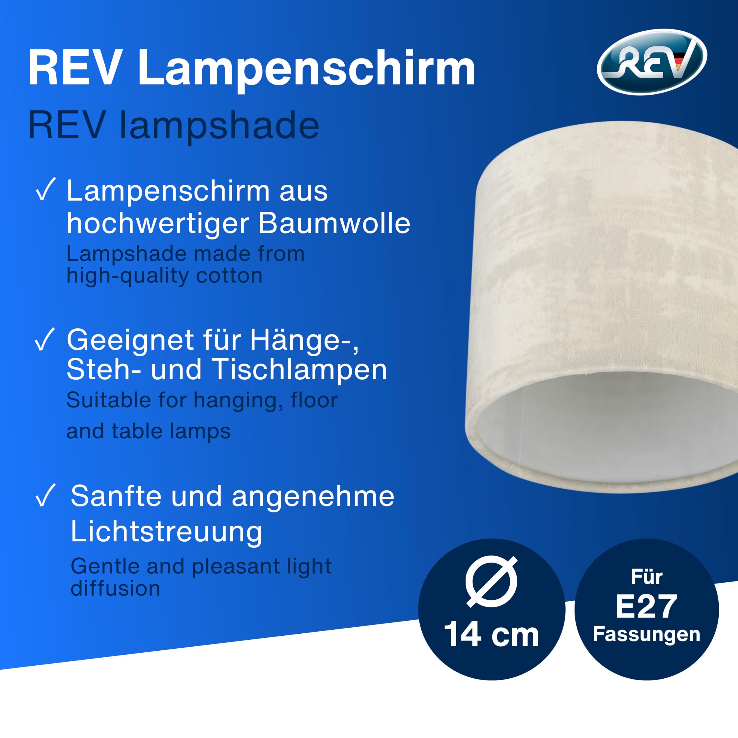 REV Paralume in stile vintage – Paralume per lampada da tavolo, Ø 14 cm, paralume di ricambio per lampada da terra, rotondo, bianco artico