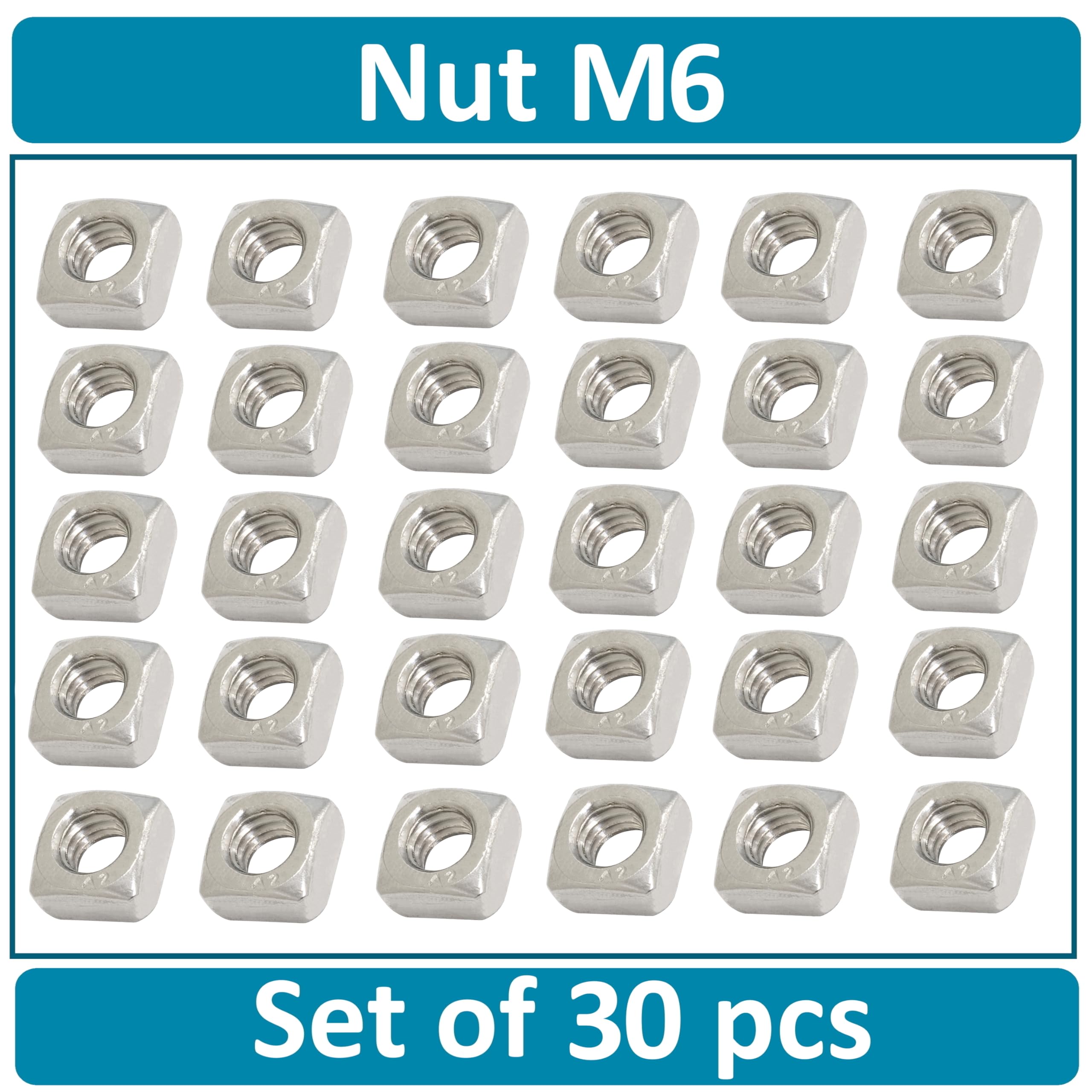 AERZETIX - Set di 30 dadi quadrati smussati M6 inossidabili A2 | per progetti di assemblaggio, modellismo, fissaggio e fai da te