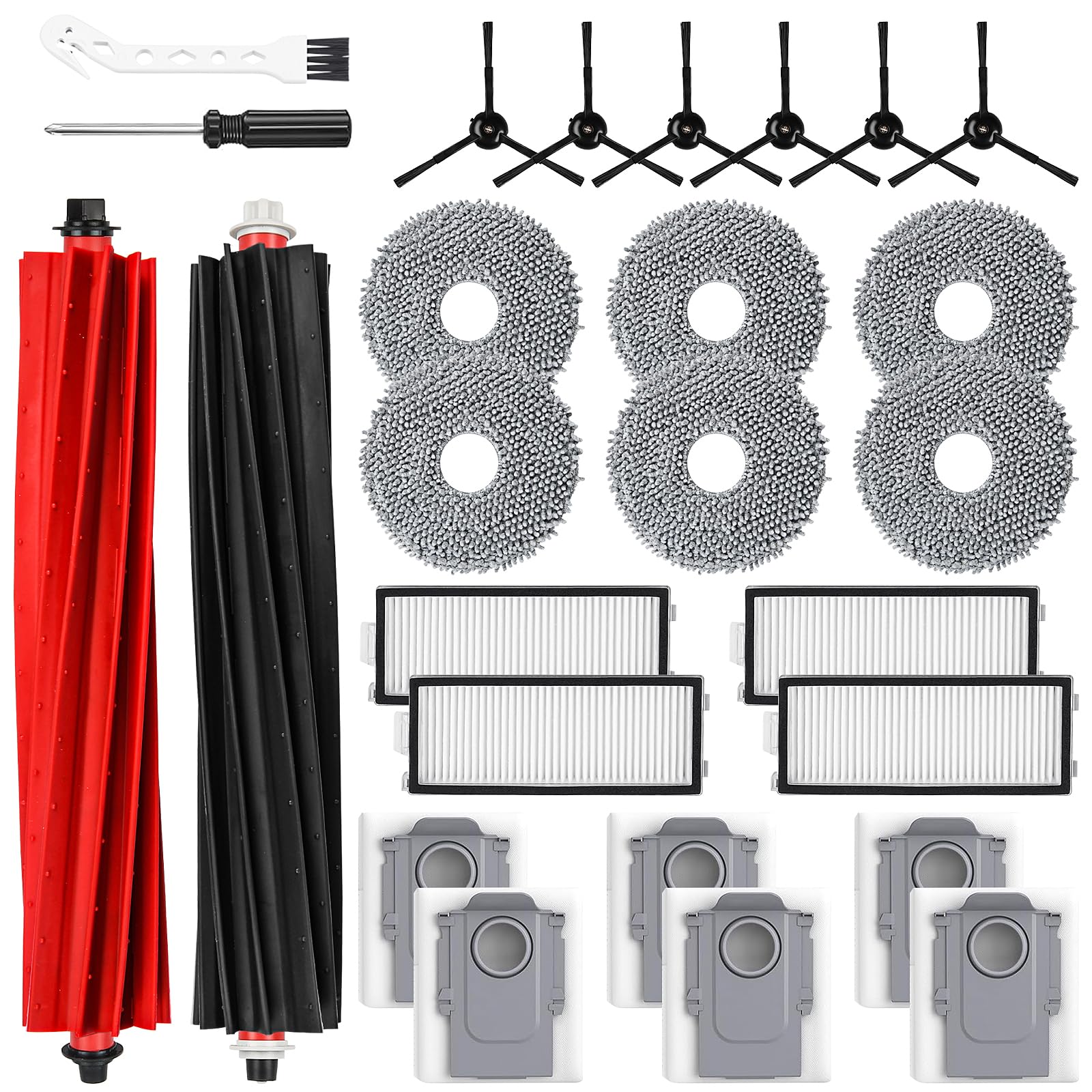26 Pack Replacement Accessories for Roborock Qrevo Master/Qrevo Slim Robot Vacuum Cleaner, 2 Main Brush 6 Side Brushes 4 HEPA Filters 6 Mop Pads 6