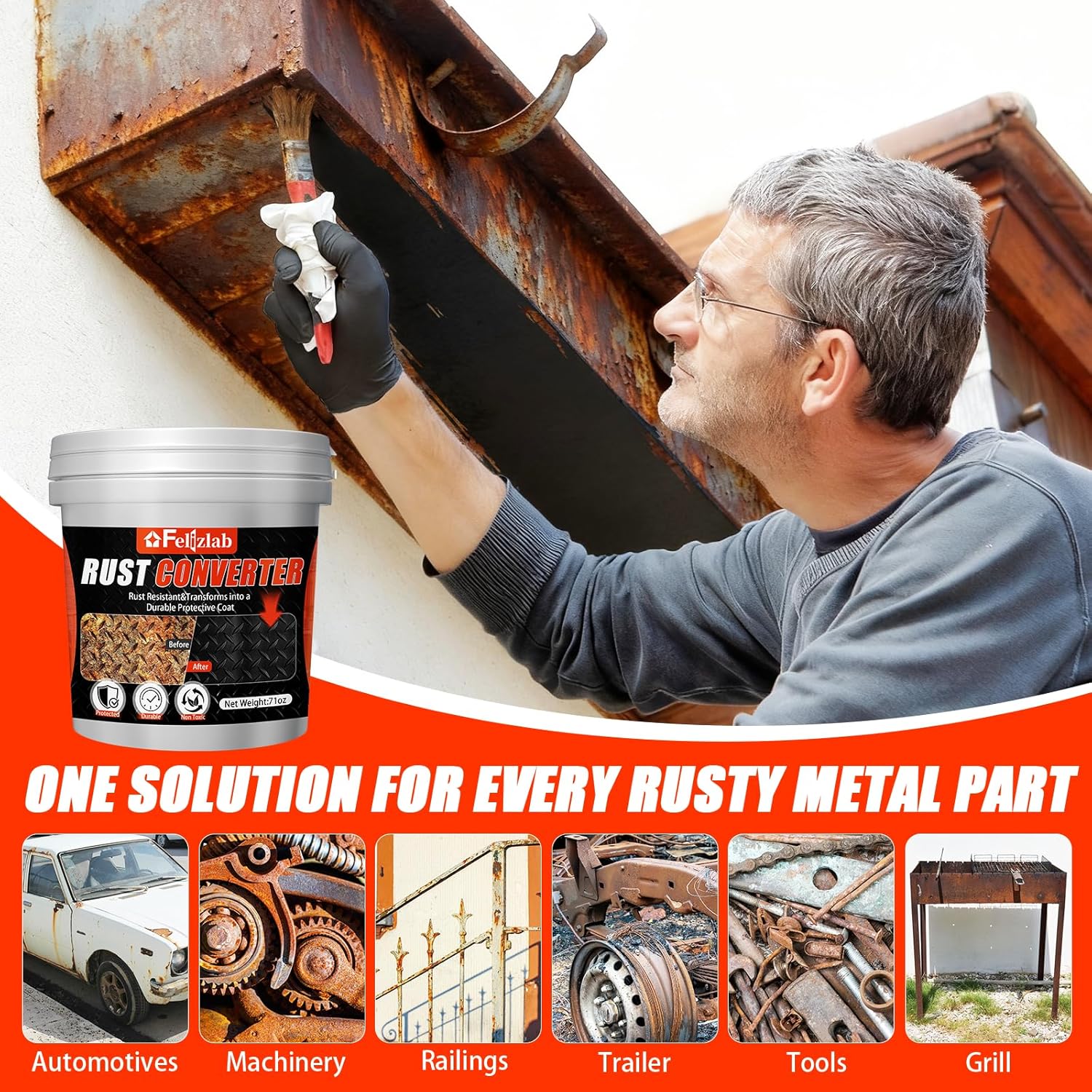 2-in-1 Rust Converter & Metal Primer, 71oz Black Rust Paint Inhibitor for Metal, Heat Resistance Car Rust Reformer, Long-Lasting Rust Encapsulator, Anti Rust Conversion Coating