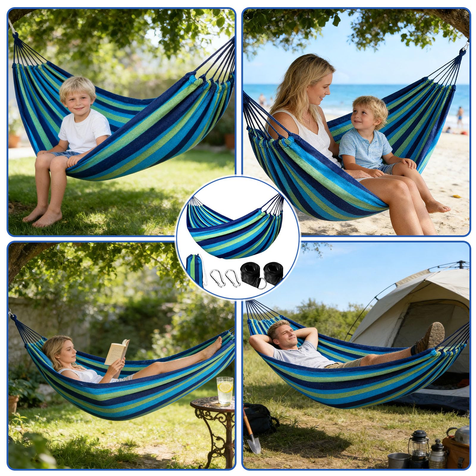 Amaca da Campeggio Doppia 200x150cm 250kg con Cinghie in Nylon e Moschettoni