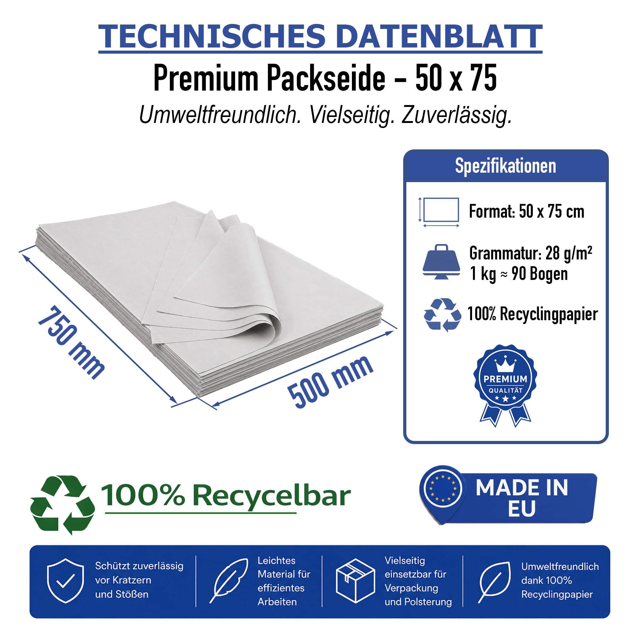 Packseide Packpapier Einschlagpapier 10kg 50x75cm 28g/m² Umzug Geschirr - nachhaltiges Knüllpapier Stopfpapier Verpackungsmaterial Einwickeln - 10 kg