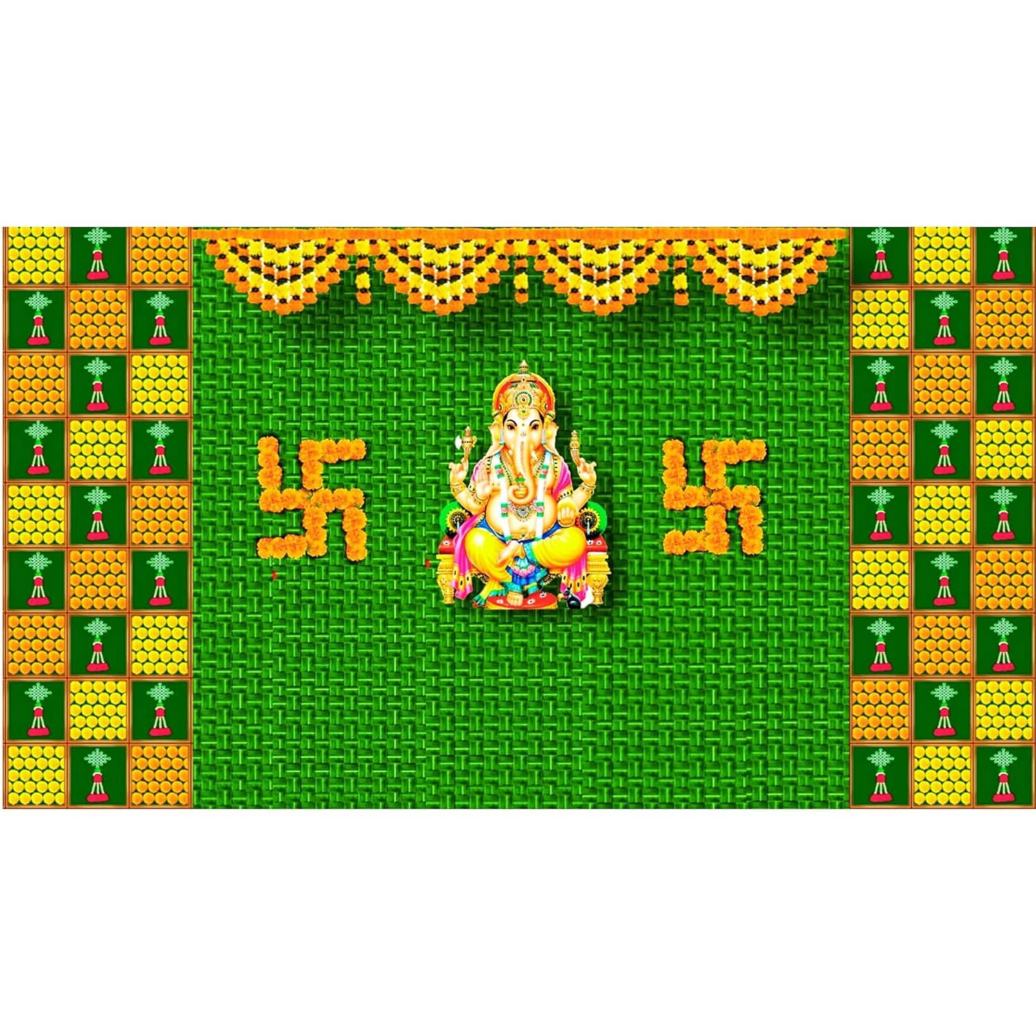 The Designer Hub Decorative Backdrop Model 28 - Swastika with Small Muggu and Flower Design Backdrop Cloth for Ganesh Puja Decoration - Traditional Festival Curtain (5 * 8 Feet) (B0D9M3FZK5) Amazon Price History, Amazon Price Tracker