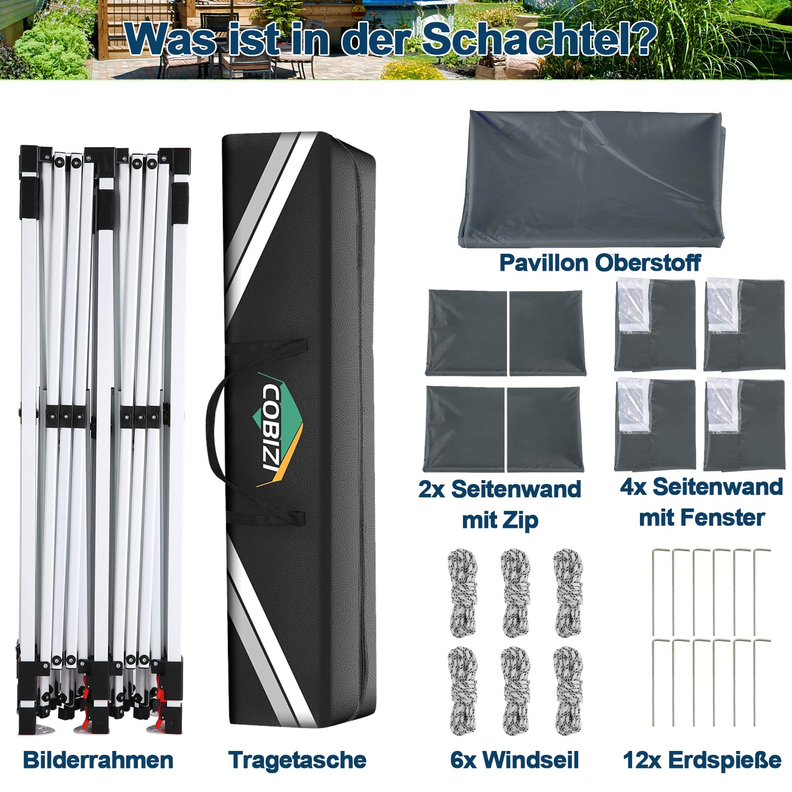 COBIZI Faltpavillon 3X6m Wasserdicht Stabil Pavillon 3x6m, Partyzelt Faltbar Anti-UV mit 6 Seitenwänden, Gartenpavillon für Hochzeiten, Freien, Garten | 3 Höhen, Sandsäcke, Upgrade-Hochdach und Tragetasche, Gartenpavillon Partyzelt für Garten, Party, Fest