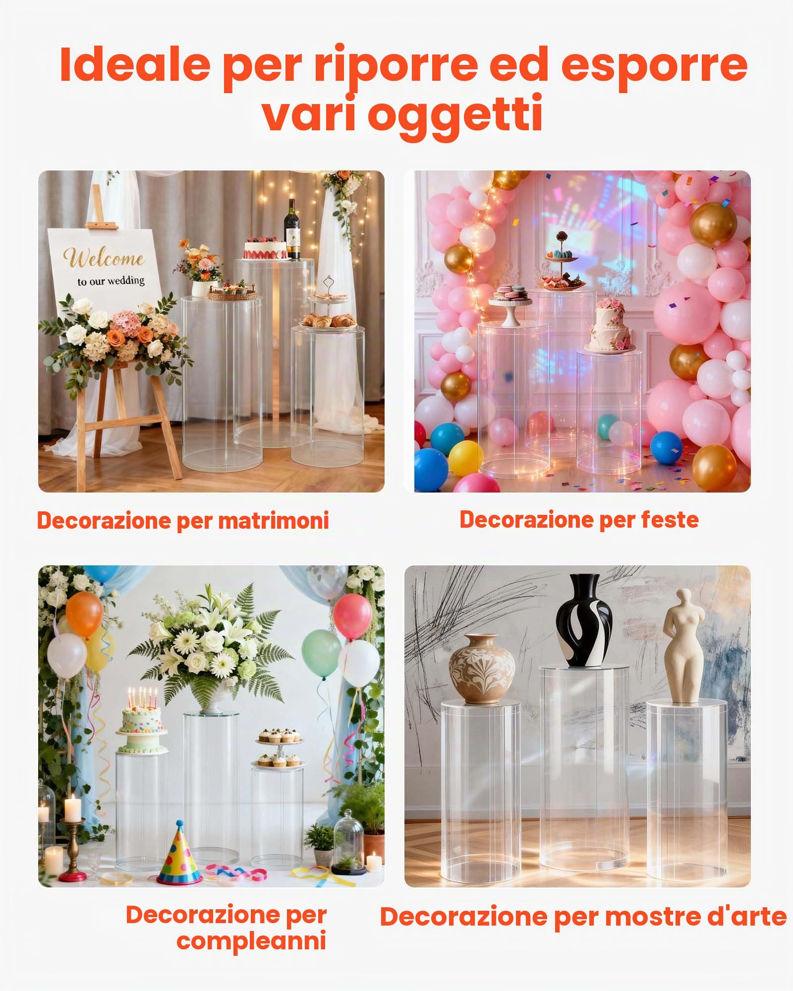 VEVOR Supporto per Fiori da Matrimonio, Zoccolo Cilindrico Rotondo, Supporto Trasparente con Coperchio in Acrilico Trasparente, 3 Pezzi da 60, 75, 90 cm, Supporti Cilindrici per Matrimoni, Feste