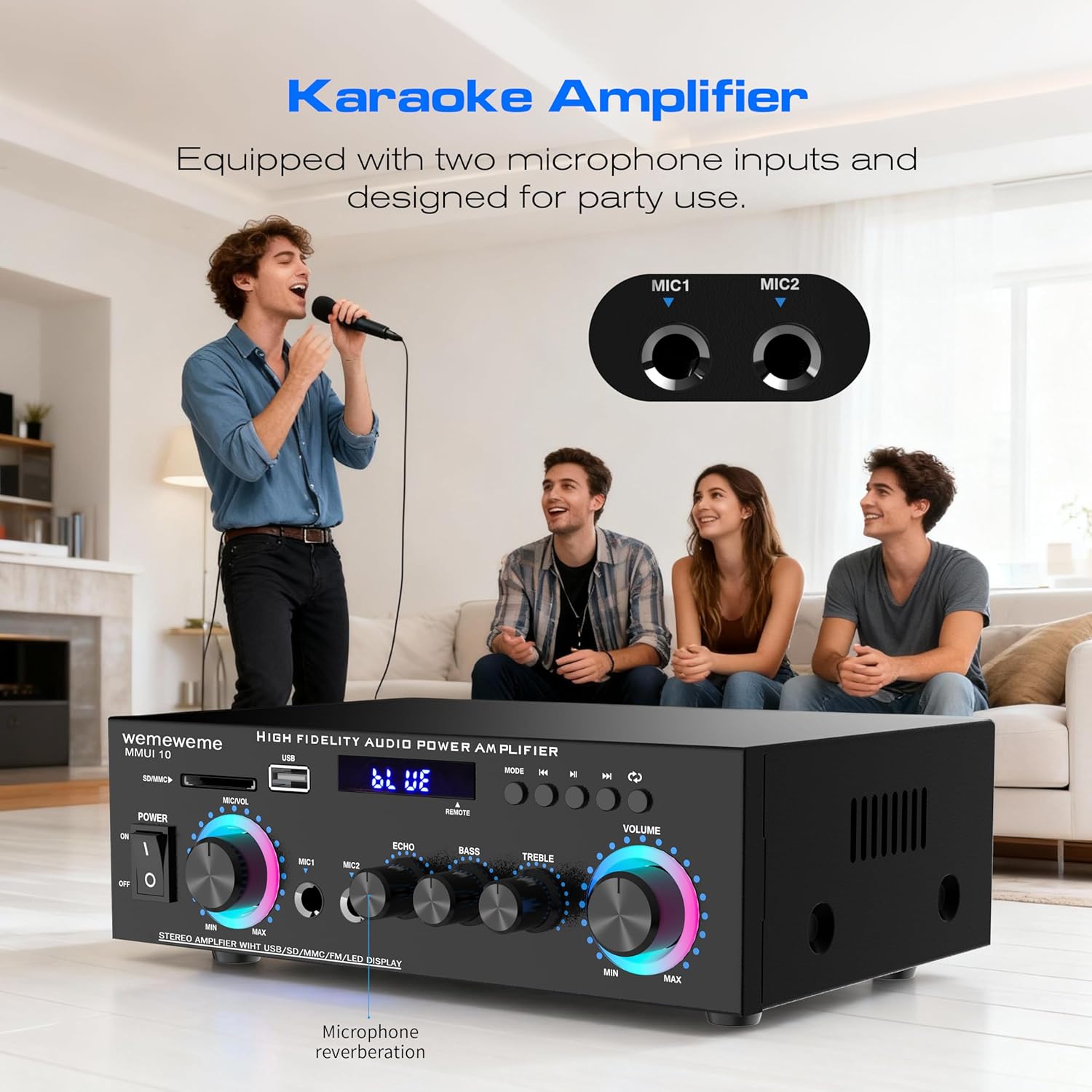400W Home Audio Amplifier with Bluetooth 5.0, 2 Channel Stereo Receiver, Dual Karaoke Mics, FM Radio, USB/SD Playback for Home Theater, Garage, Party