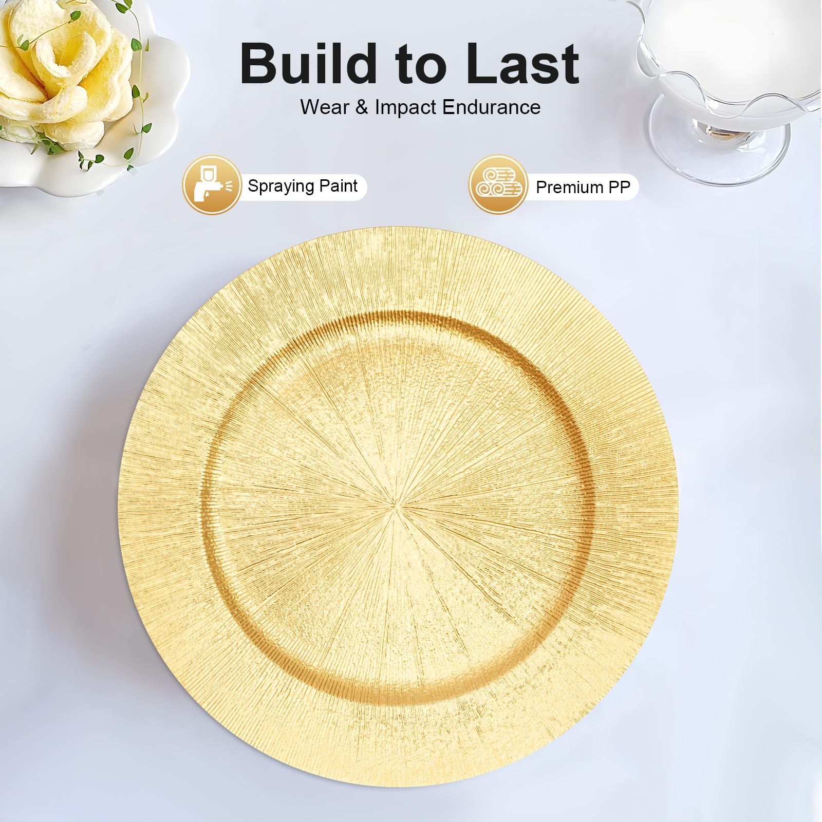 Set di piatti dorati per matrimonio, 50 pezzi, 33 cm, moderni, in polipropilene di alta qualità, impilabili, leggeri, riutilizzabili, design lucido per feste, banchetti, ristoranti