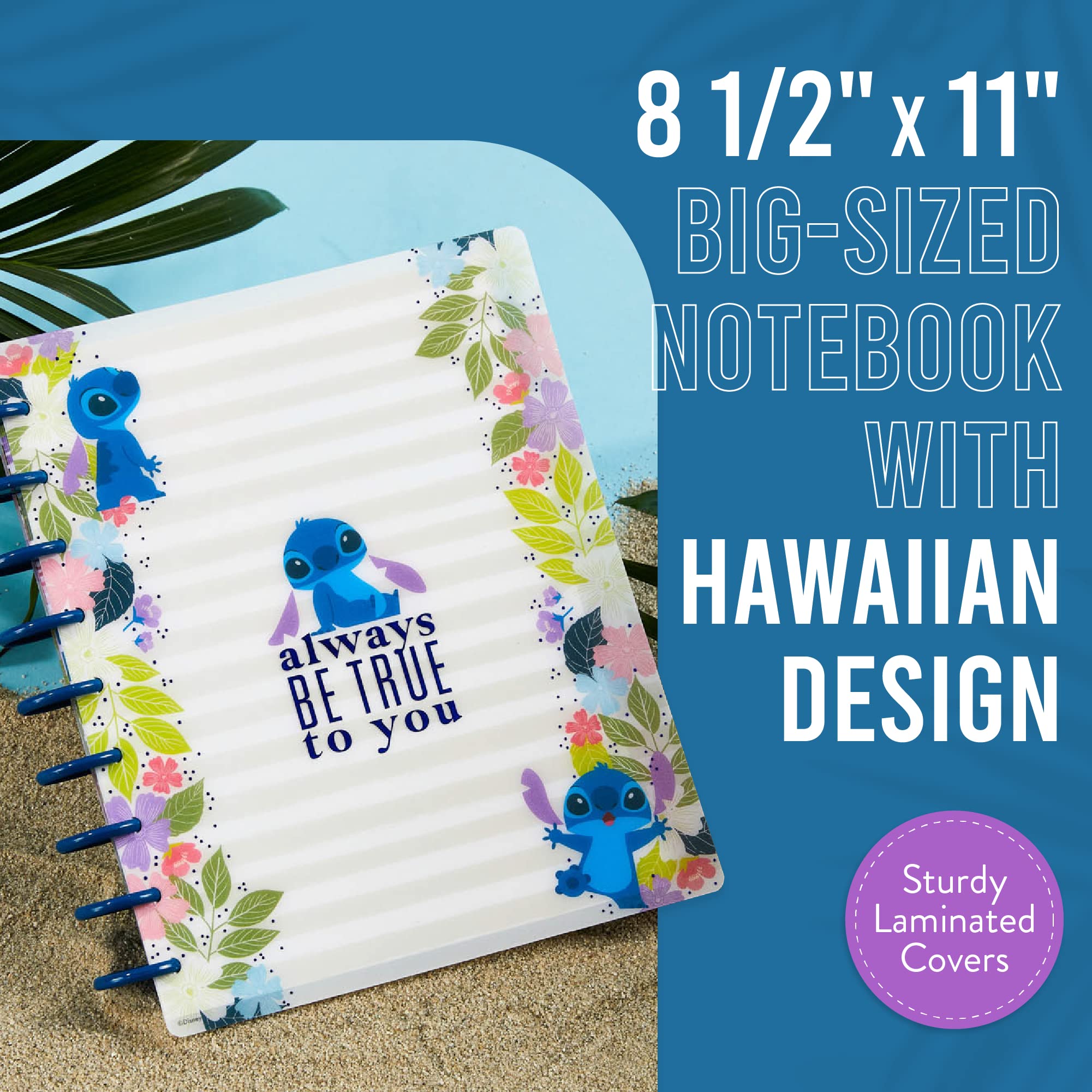 Happy Planner Disney - Taccuino giornaliero per ufficio, scuola o diario, 60 fogli di carta a righe a pois con 3 divisori - Quaderno a disco - Aloha Stitch - Taccuino di grandi dimensioni 28 x 21,6 cm
