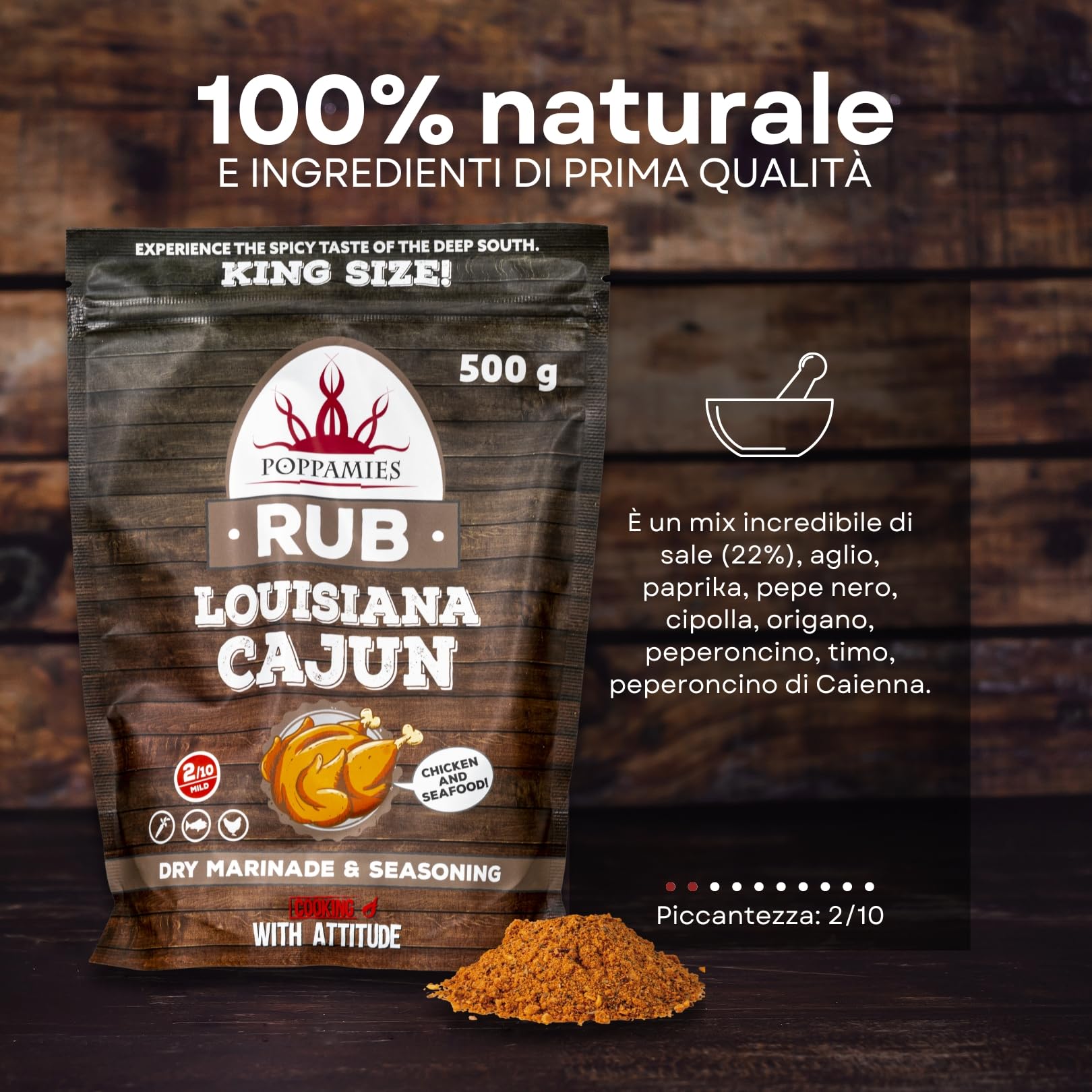 Poppamies Louisiana Cajun BBQ Rub - Condimento BBQ 100% Naturale - Marinatura Secca e Spezie Particolarmente Adatto per Pollo -Confezione Grande 500g