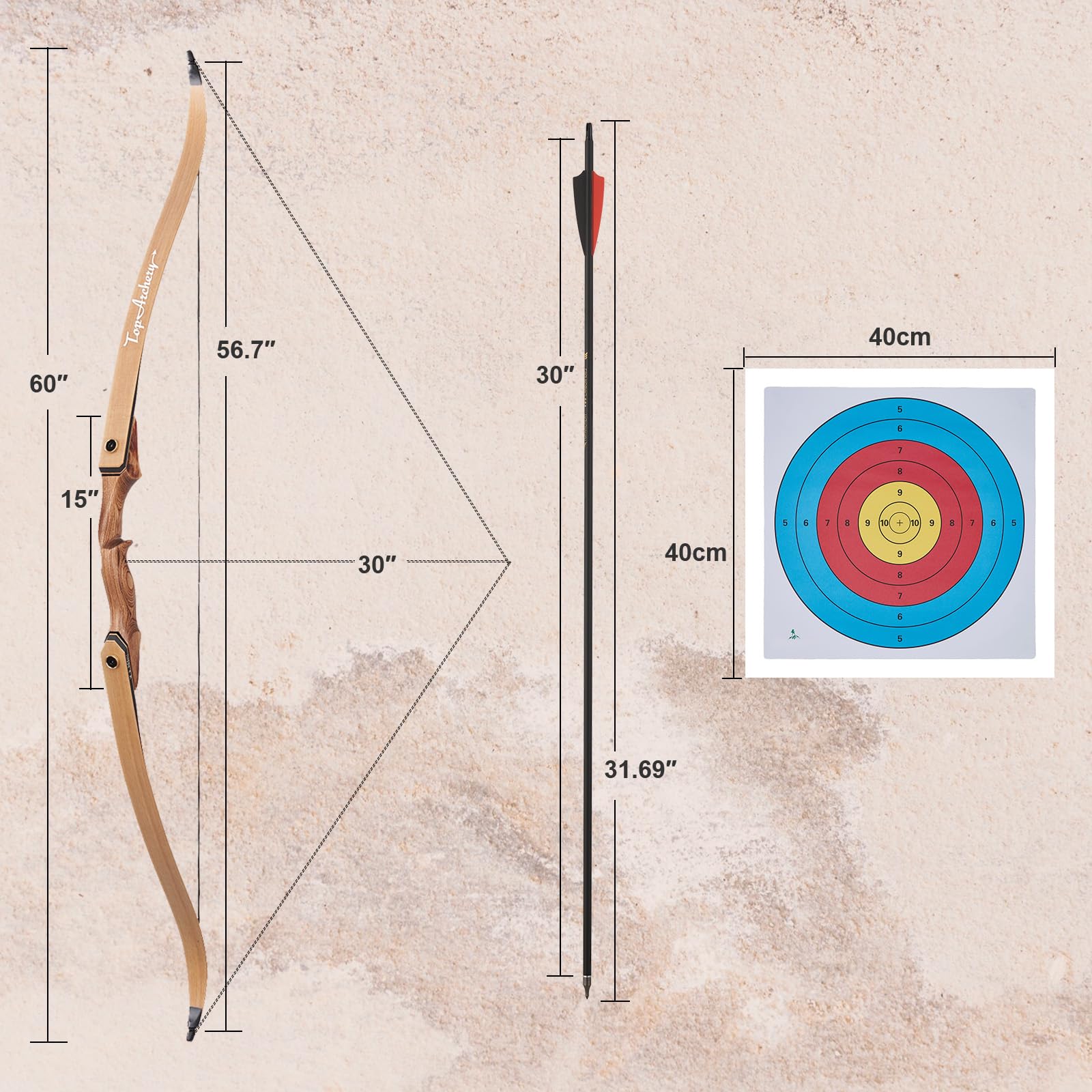 TOPARCHERY Pfeil und Bogen Set Erwachsene 60 Zoll Recurve Bogen Sportbogen Jagdbogen Bogenschießen für Erwachsene & Einsteiger 30-50lbs