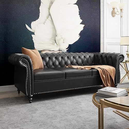 Miniatura 6 de ONCIN Chesterfield - Sofá de cuero para sala de estar, sofá de 3 plazas, sofá copetudo, piel sintética con brazos enrollados y cabeza de clavo para