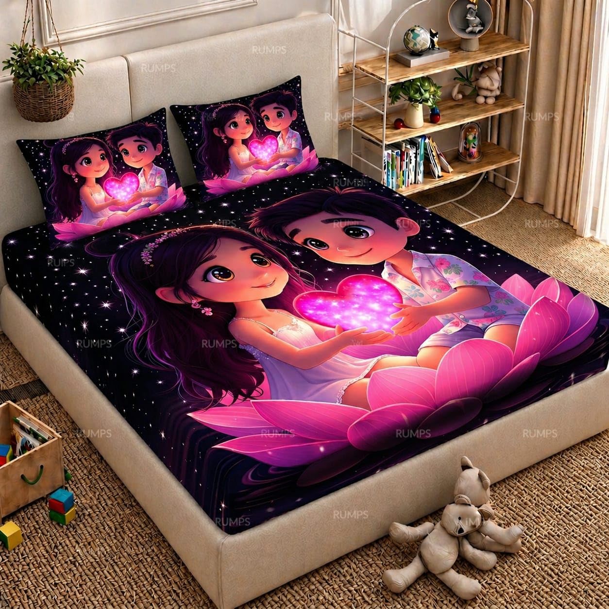 RUMPS 7D Digital Cute Couple Bedsheet with 2 Pillow Covers, King Size Flat Bedsheet 90x100 Inch, Cartoon Love Theme Printed Bedsheet