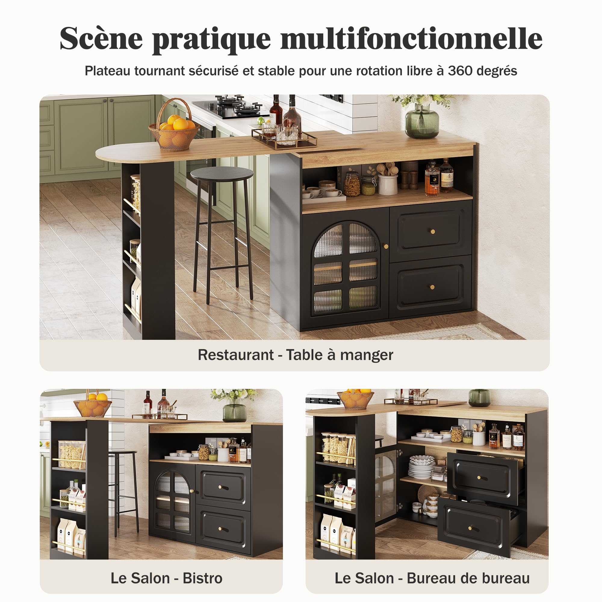 Tavolo Bar Estensibile Rotazione 360°, Mobile Cucina Moderno con Ripiani e Vetro, Credenza con 4 Cassetti, Scaffali Aperti e Porta in Vetro (Black, 138-204x39x104 cm)