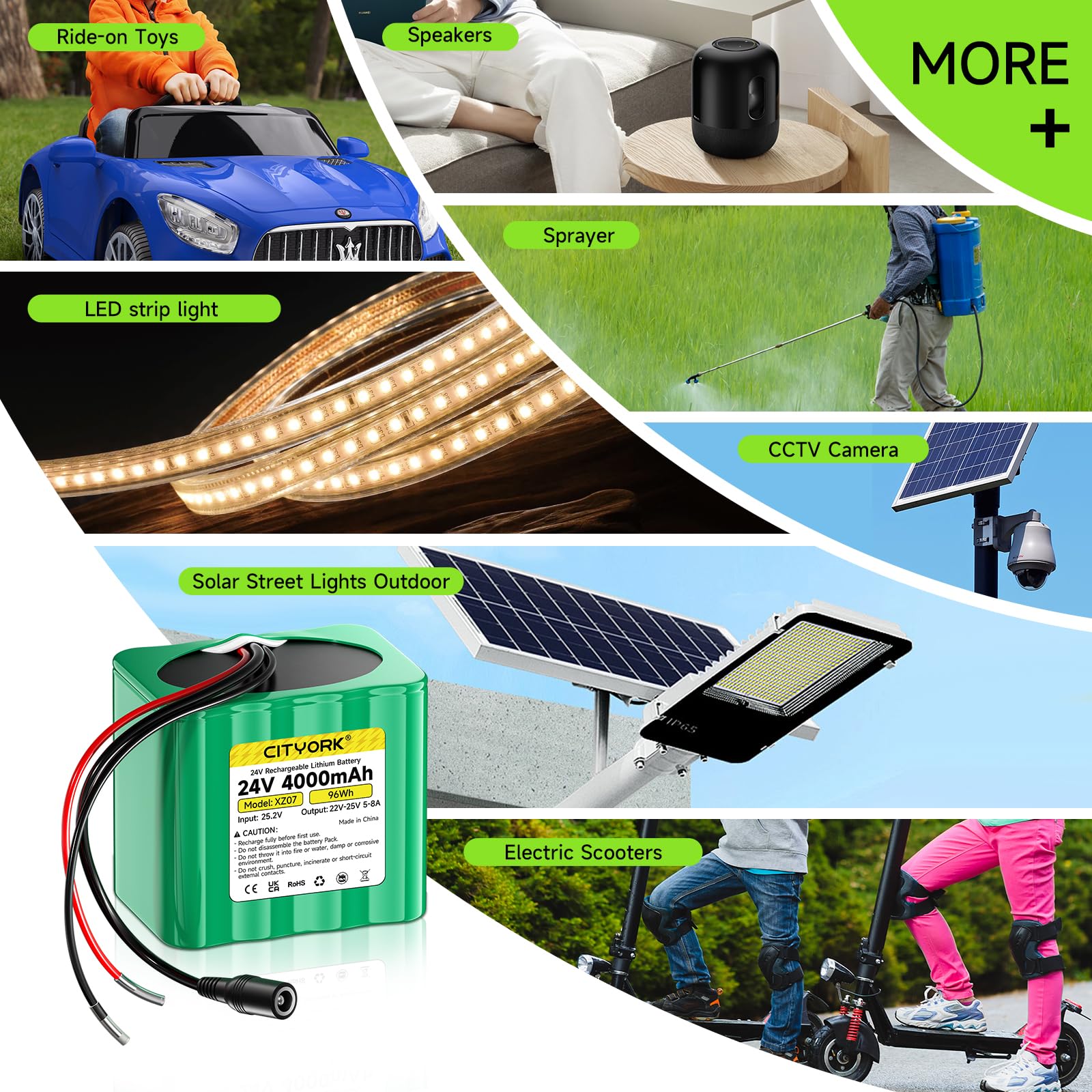 CITYORK Batería de litio de 24 V 4000 mAh y cargador, cable de extensión, conexión de cable para proyectos de bricolaje, farolas solares, cámara CCTV, altavoz, pulverizador y más