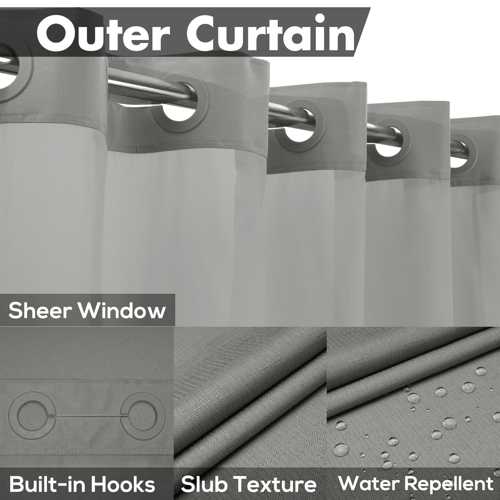 No Hook Slub Textured Shower Curtain with Waterproof PEVA Liner Set, 71" x 74"(72"), Hotel Style with See Through Top Window - Image 3