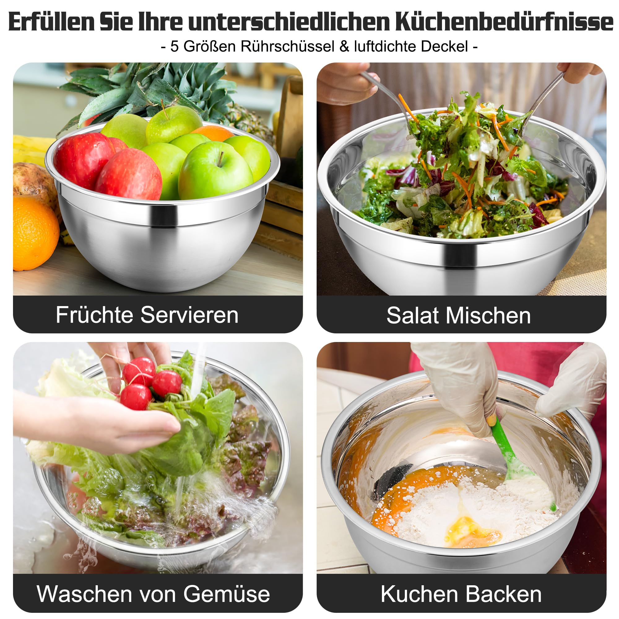 Homikit Lot de 5 Saladier avec Couvercles, Grand Bol Mélangeur en Acier Inoxydable avec Râpe, Empilable Saladiers INOX de 0.7L-4.6L, Bol Multifonction pour la Cuisson, Lavable au Lave-Vaisselle, Noir