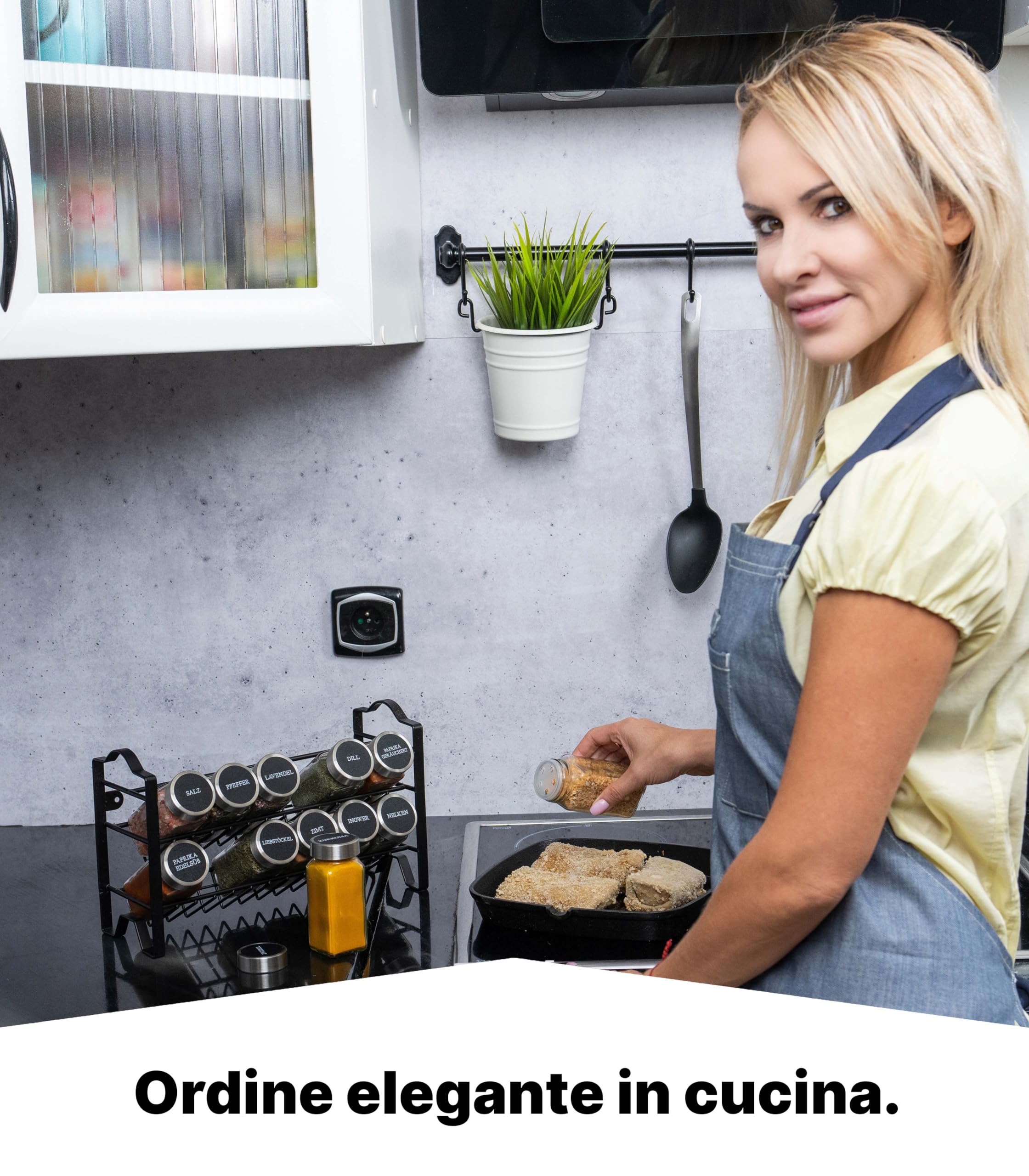Deco haus® Porta Spezie per Cucina [con Barattoli ed Etichette]- Organizzatore di spezie - Portaspezie in Piedi e da Parete - Portaspezie Salvaspazio