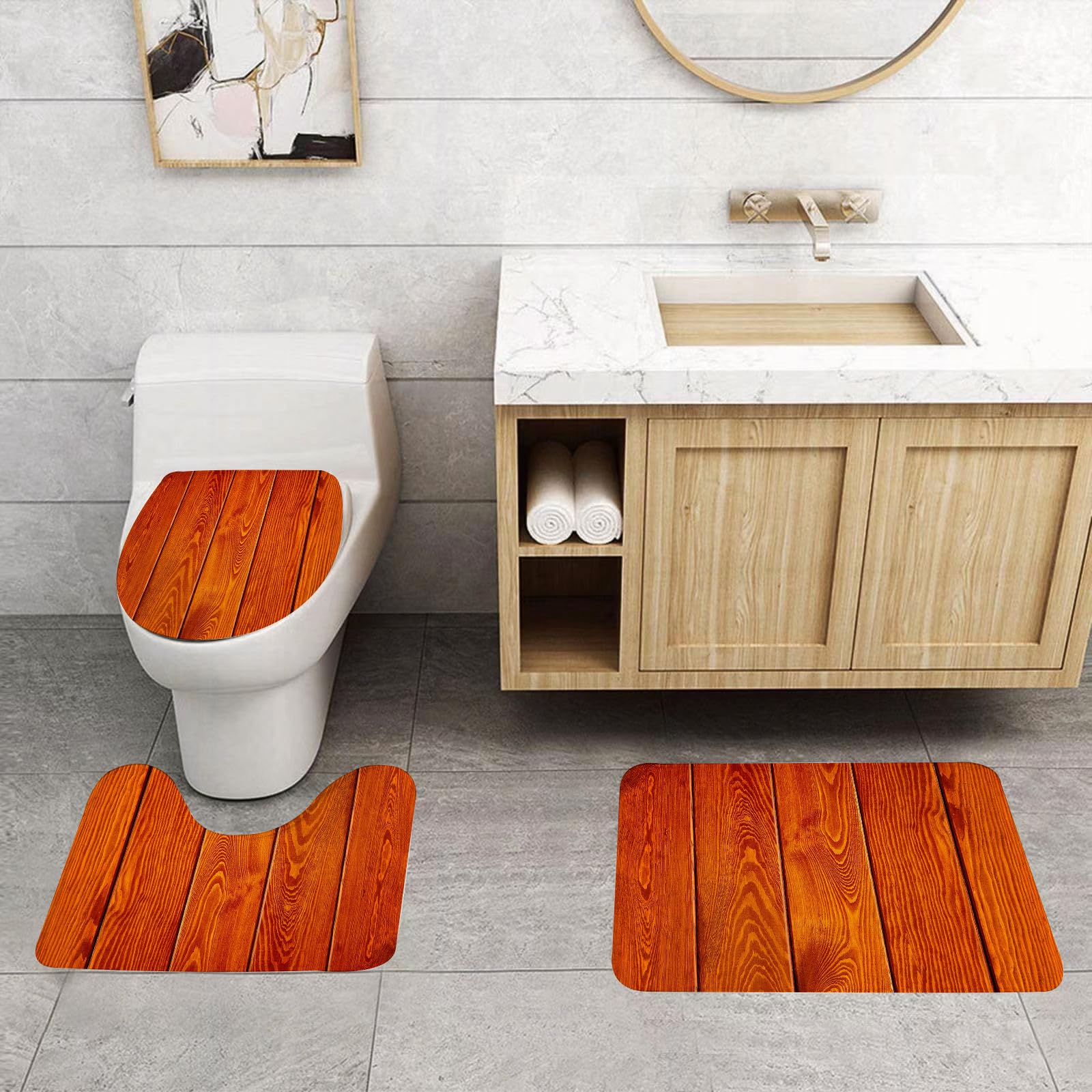 Set di 3 tappetini da Bagno, Lavabili in Lavatrice e Antiscivolo, in Morbida Fibra Superfine, Arancione Bruciato, con Texture Effetto Legno e Motivi Effetto Quercia.
