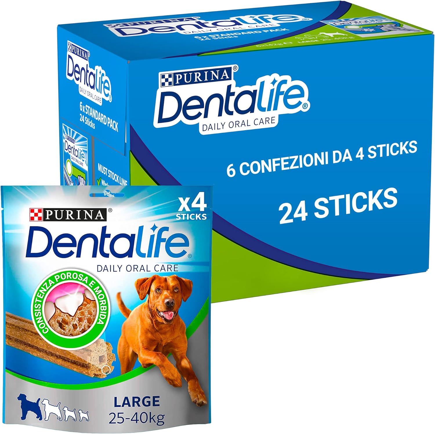 Purina Dentalife Daily Oral Care Large, Snack Dental, premio para perros grandes , 6 bolsas de 4 sticks - 24 sticks