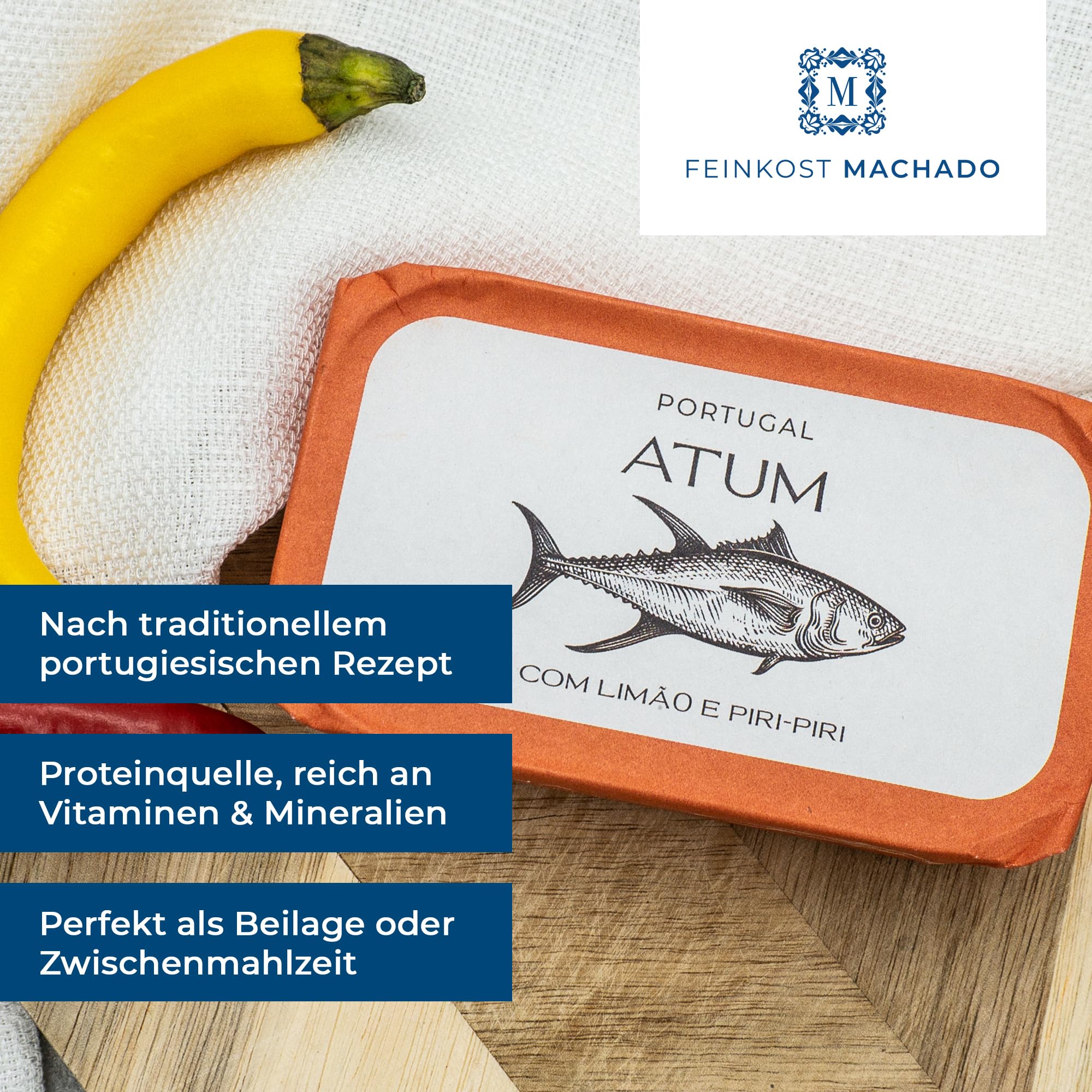 Feinkost Machado – 5er Set Thunfisch (je 120g) | Mit Thunfisch in Olivenöl, Rosmarin, Tomatensauce, Padron Paprika, Zitrone & Piri Piri | Mediterraner Genuss aus Portugal – Für Salate, Pasta & Tapas