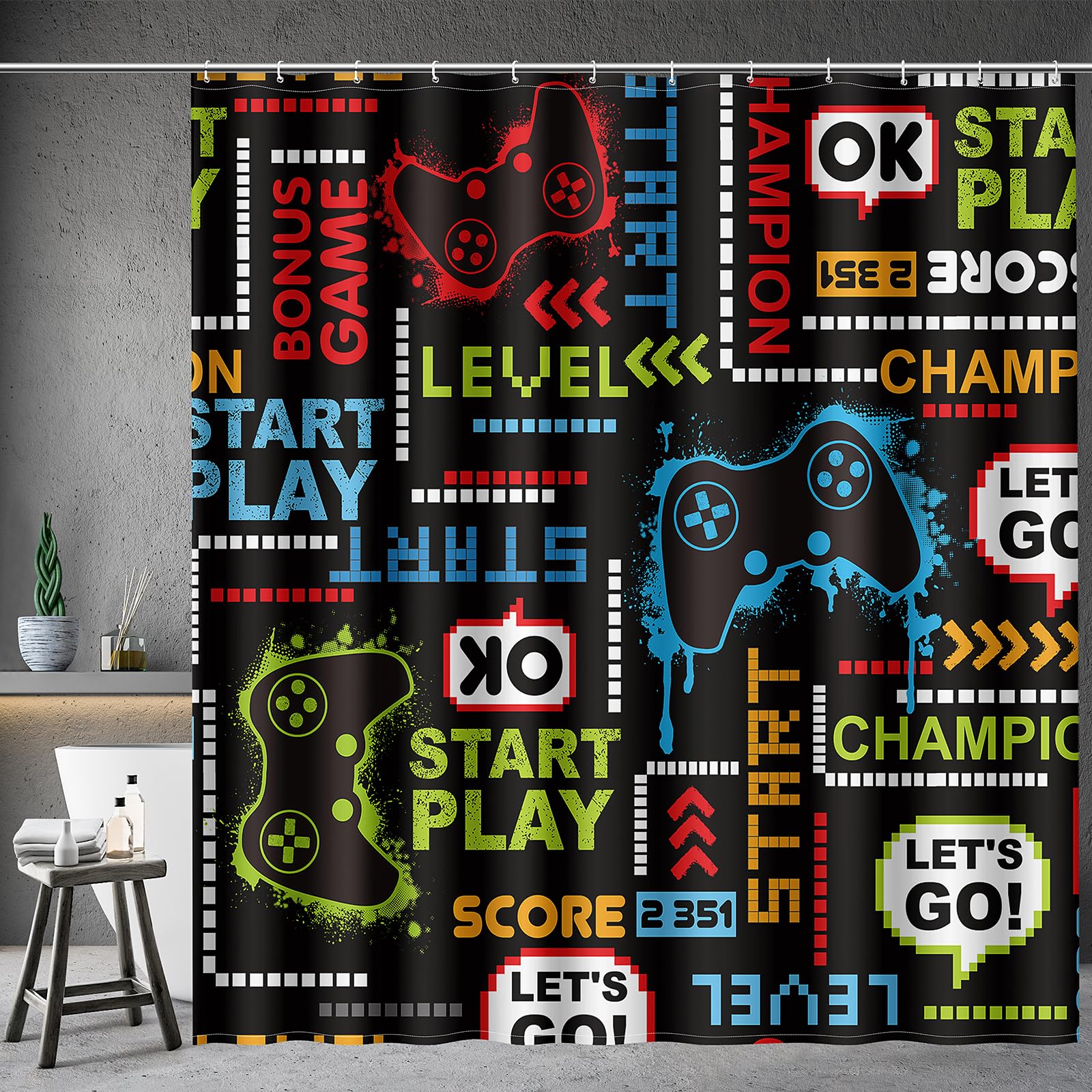 Aimego Game Gaming Kids Shower Curtain - Video Games Gamepad Controller Gamer Cool Shower Curtains Set with 12 Hooks for Adults Boys Bathroom Decor Accessories, 72"x72"
