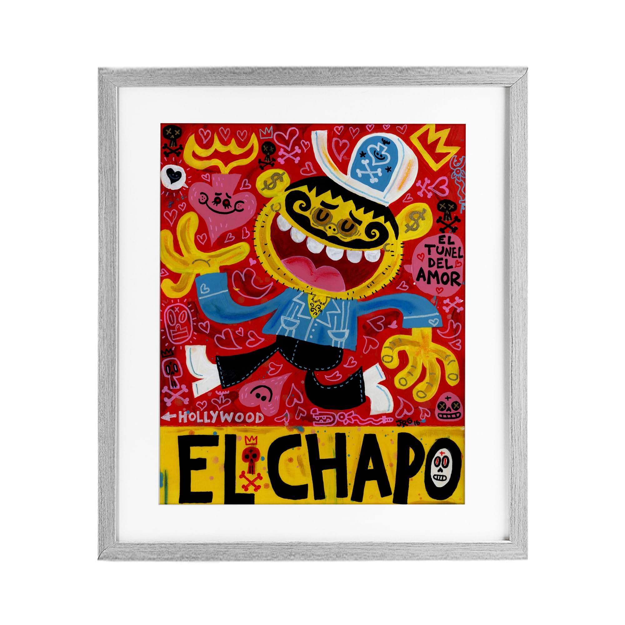 Illustration El Chapo Jorge R. Gutierrez cadre bouleau sous verre pour salon moderne