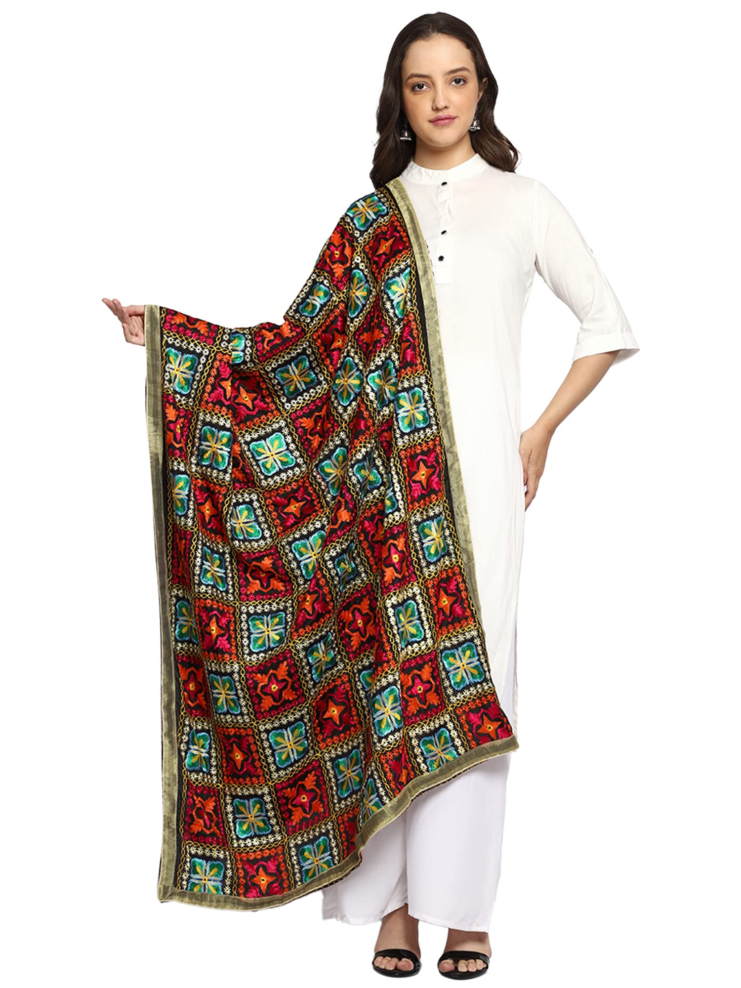Weavers Villa Women's Polyester Heavy Phulkari Embroided Dupatta, Chunni (2.25 Mtrs) (Design-01)