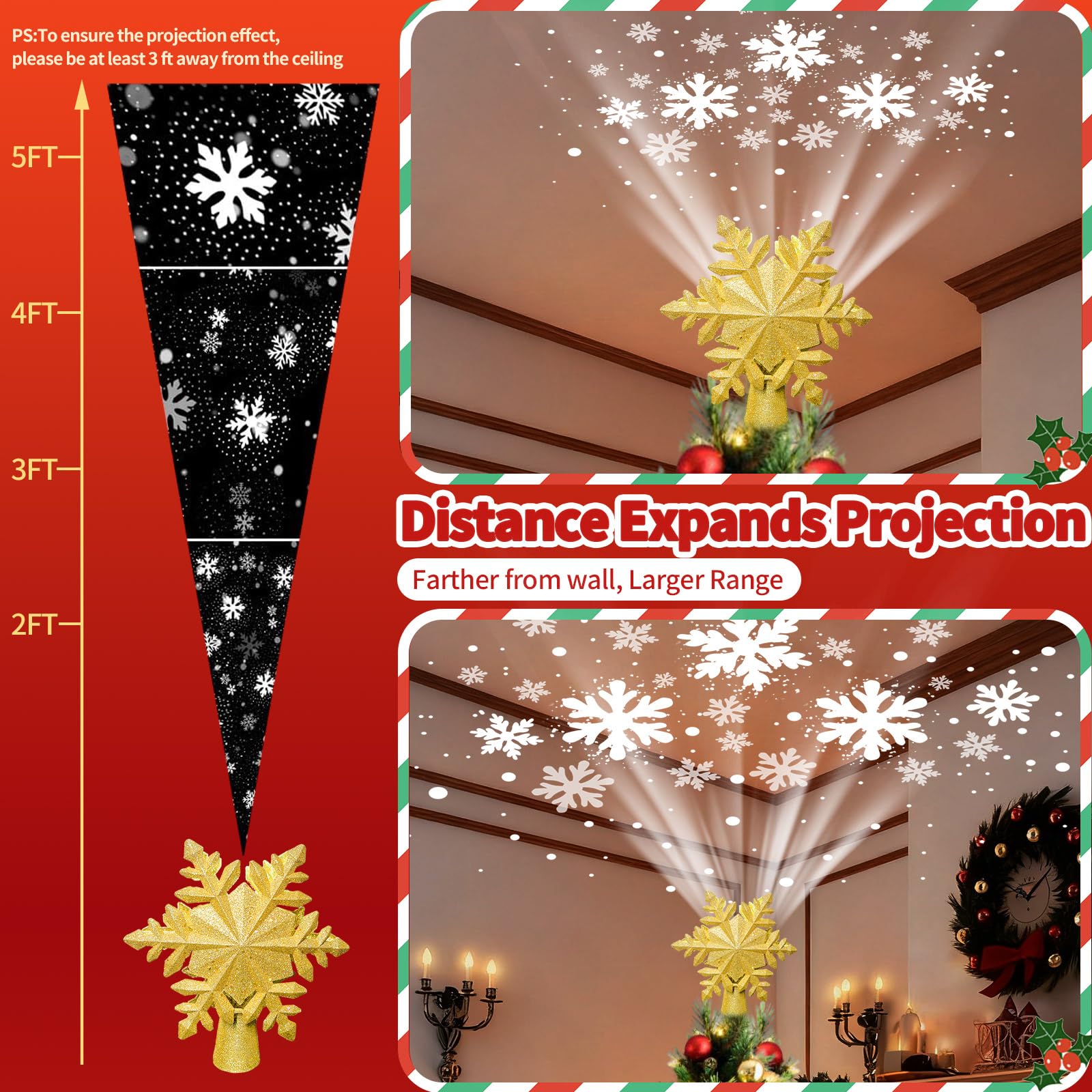 Puntale per albero di Natale dorato con 6 modelli di proiezione con fiocchi di neve dorati, con cavo di 3 m, per interni, ufficio, Natale, Capodanno (5,0 V, 1,0 A)
