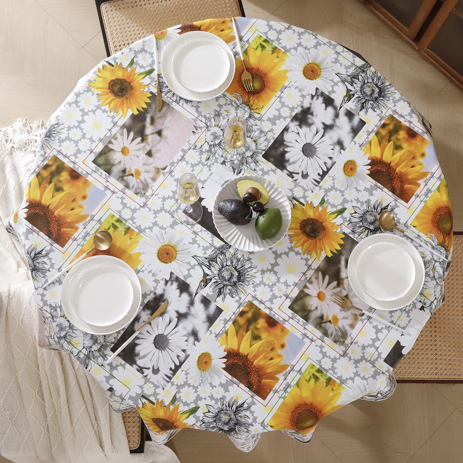 Round Vinyl Tablecloth with Flannel Backing Waterproof Oil-Proof PVC Table Cloth Stain-Resistant Wipeable Table Cover for Round Table(70