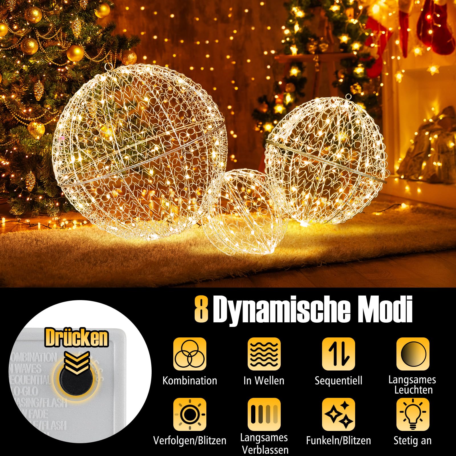 COSTWAY 3er Set LED Dekokugel, 435 LEDs, 3 Lichtfarben & 8 Modi, Weihnachtsbeleuchtung für innen und außen