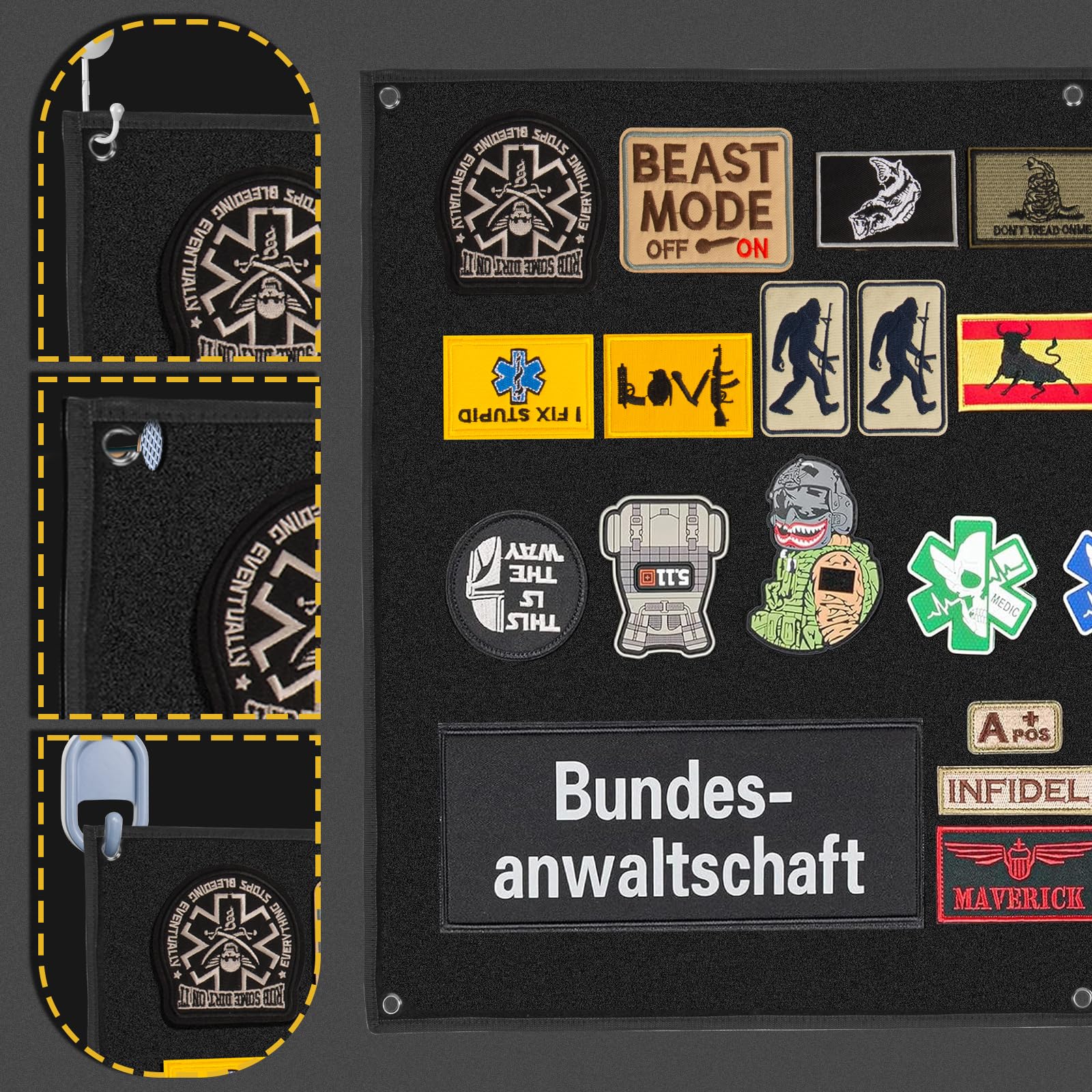 110 * 70cm Panneau de Brassage Tactique Militaire ZCXG Tableau d’écussons tactiques pour militaires avec bande,Avec œillets - Noir
