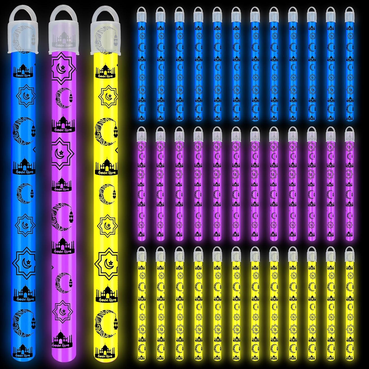 Libima 36 Pcs 8 Inch Glow Sticks Necklaces Light up Glow in The Dark Sticker Party Favors Stick Necklaces for Easter Basket Stuffers Easter Egg Hunt Games Prizes Decorations(Blue, Purple, Yellow)