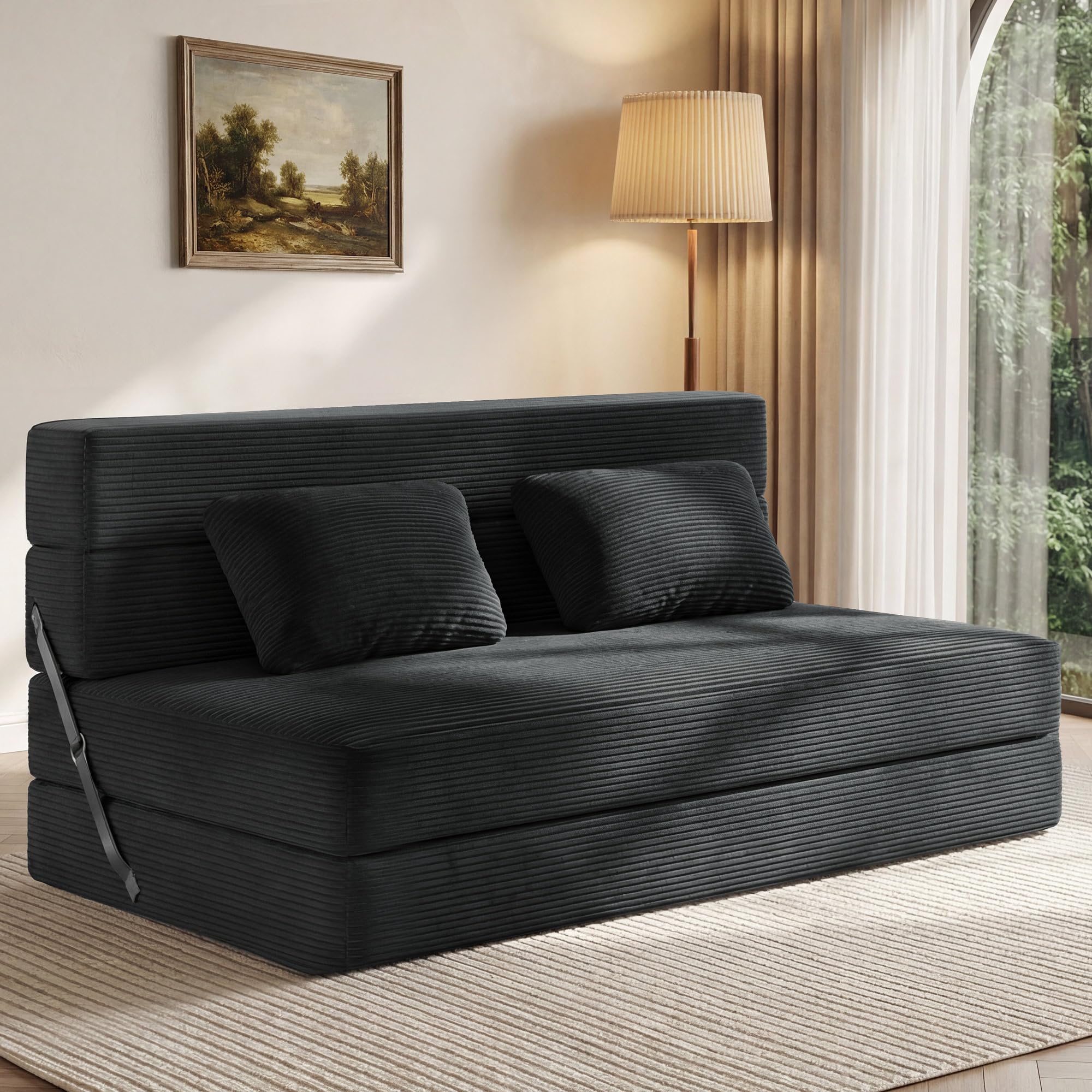 YITAHOME Convertible Folding Sofa Bed, Chair Bed Sleeper with Cushions, Corduroy Fabric Fold-Out Floor Couch, Foldable Mattress for Living Room, Bedroom, Dorm, Guest Room, Queen Size, Black