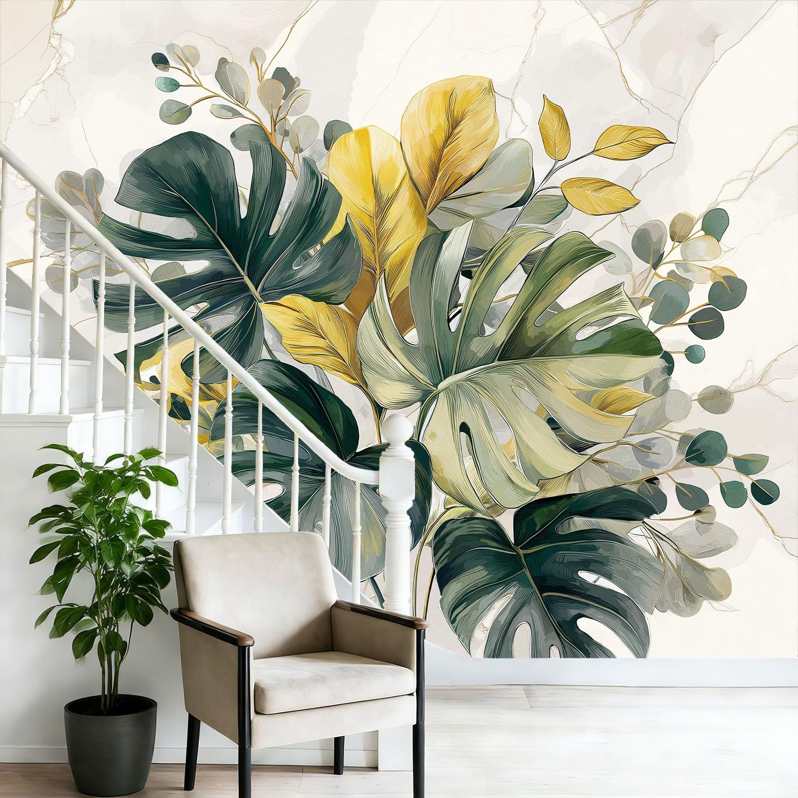 Tapeta 3D włóknina liście 400 x 280 cm styl akwarela botaniczna tapeta dekoracja ścienna do salonu sypialnia żółta zielona
