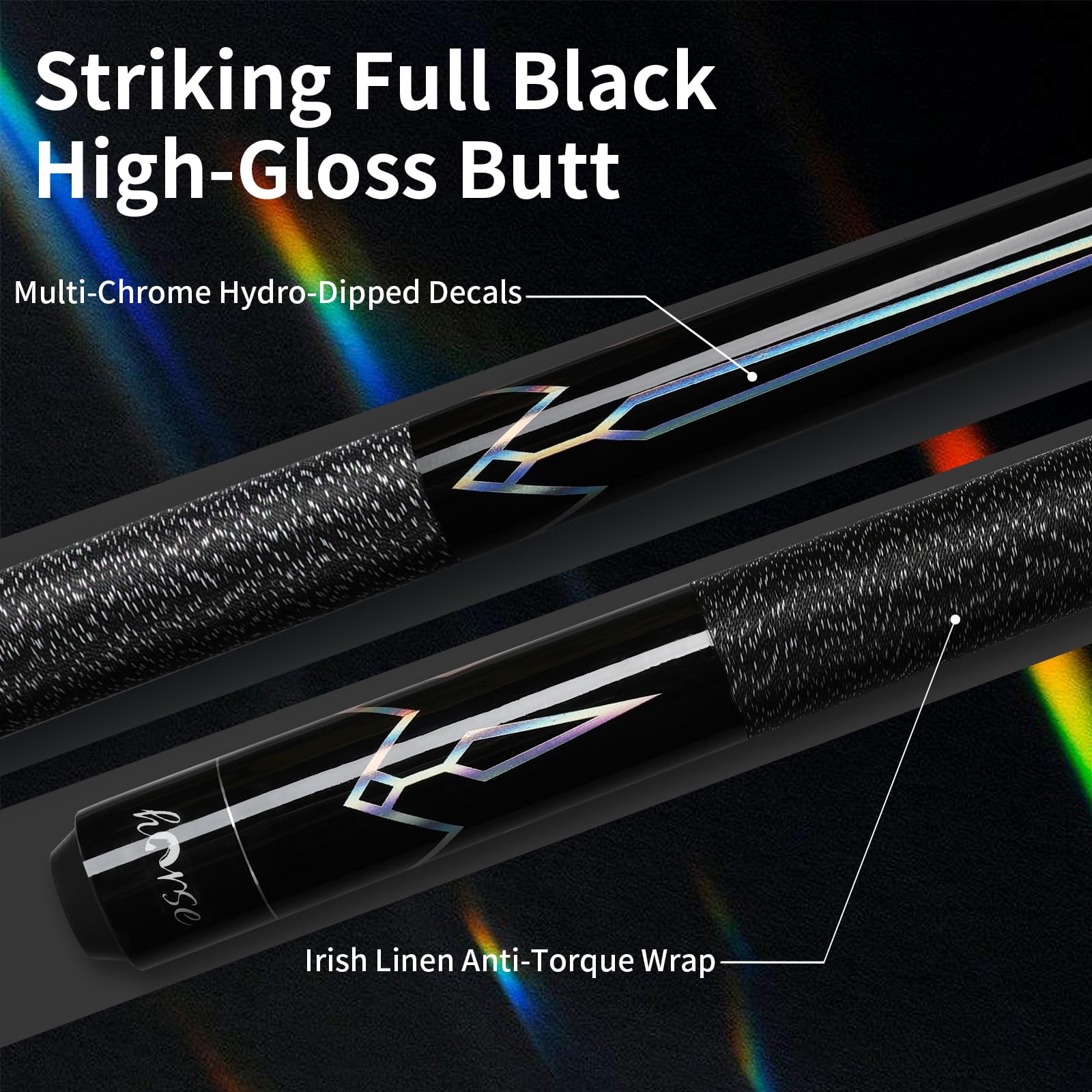 Horse Billardqueue 147cm – Pool Queue mit 13mm Lederpomeranze, Ahornholz-Schaft, Laser-Gravur Schwarz – Billard Stock für Erwachsene inkl. 2 Handschuhen & 2 Kreiden